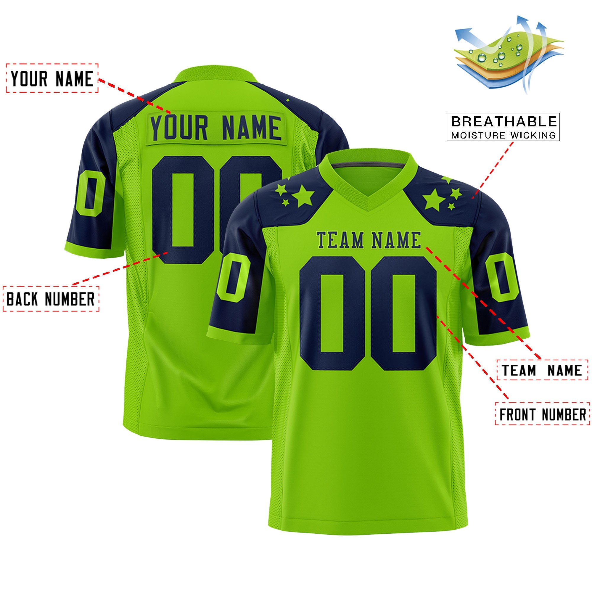 Custom Neon Green Navy Personalized Shoulder Star Pattern Authentic Football Jersey