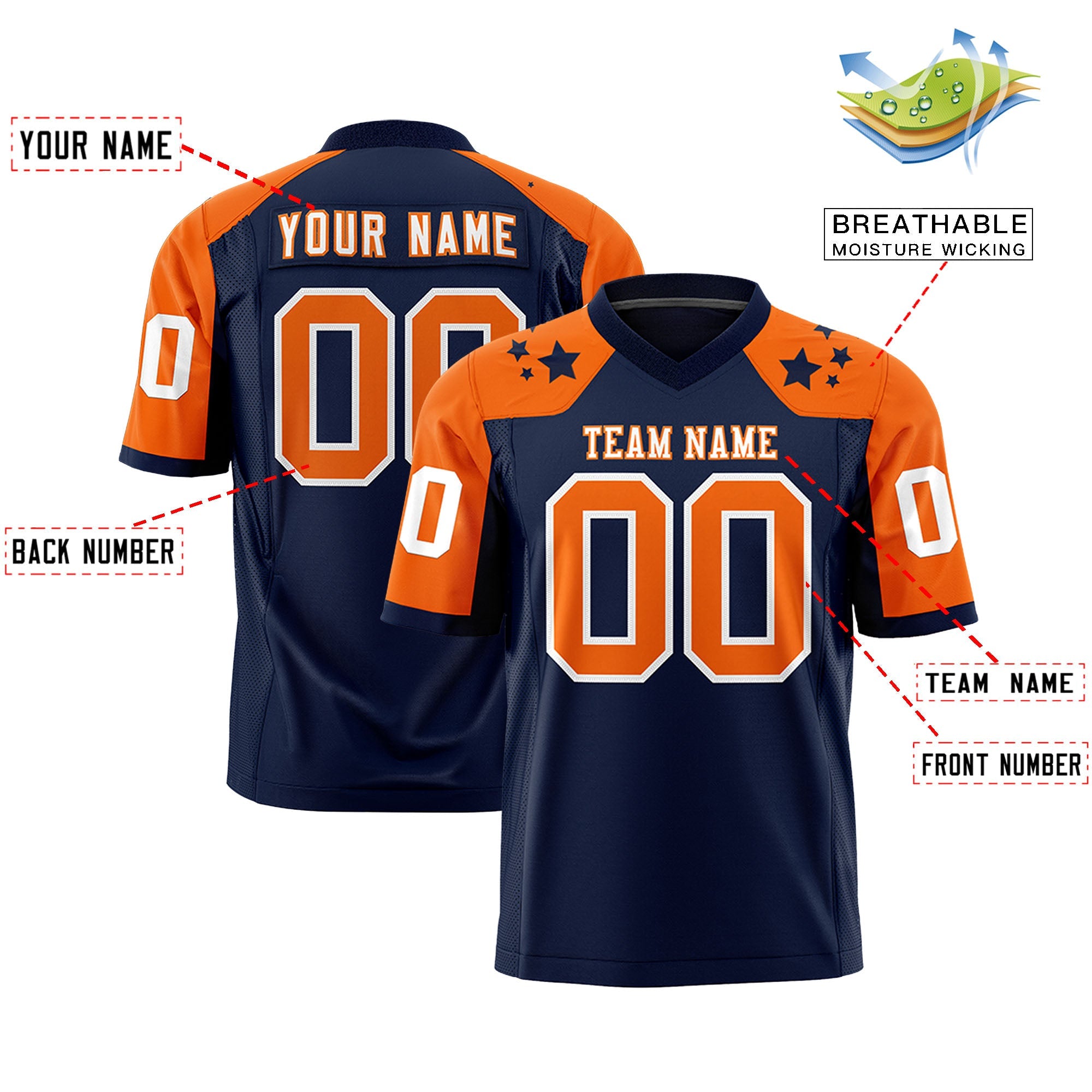 Custom Navy Orange Personalized Shoulder Star Pattern Authentic Football Jersey