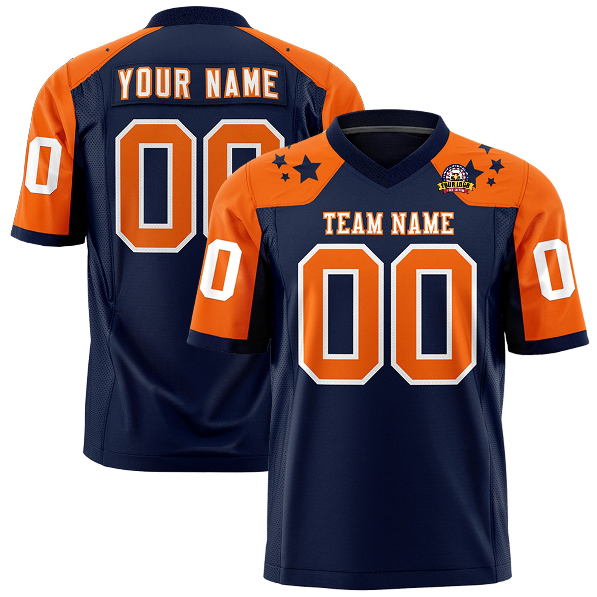 Custom Navy Orange Personalized Shoulder Star Pattern Authentic Football Jersey