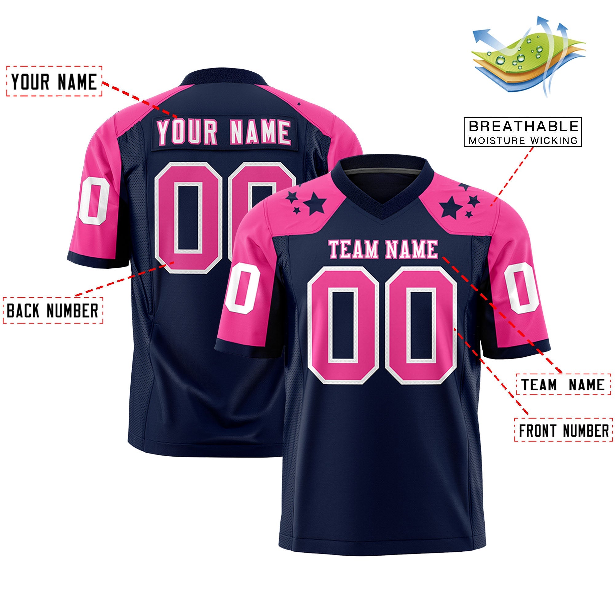 Custom Navy Pink Personalized Shoulder Star Pattern Authentic Football Jersey