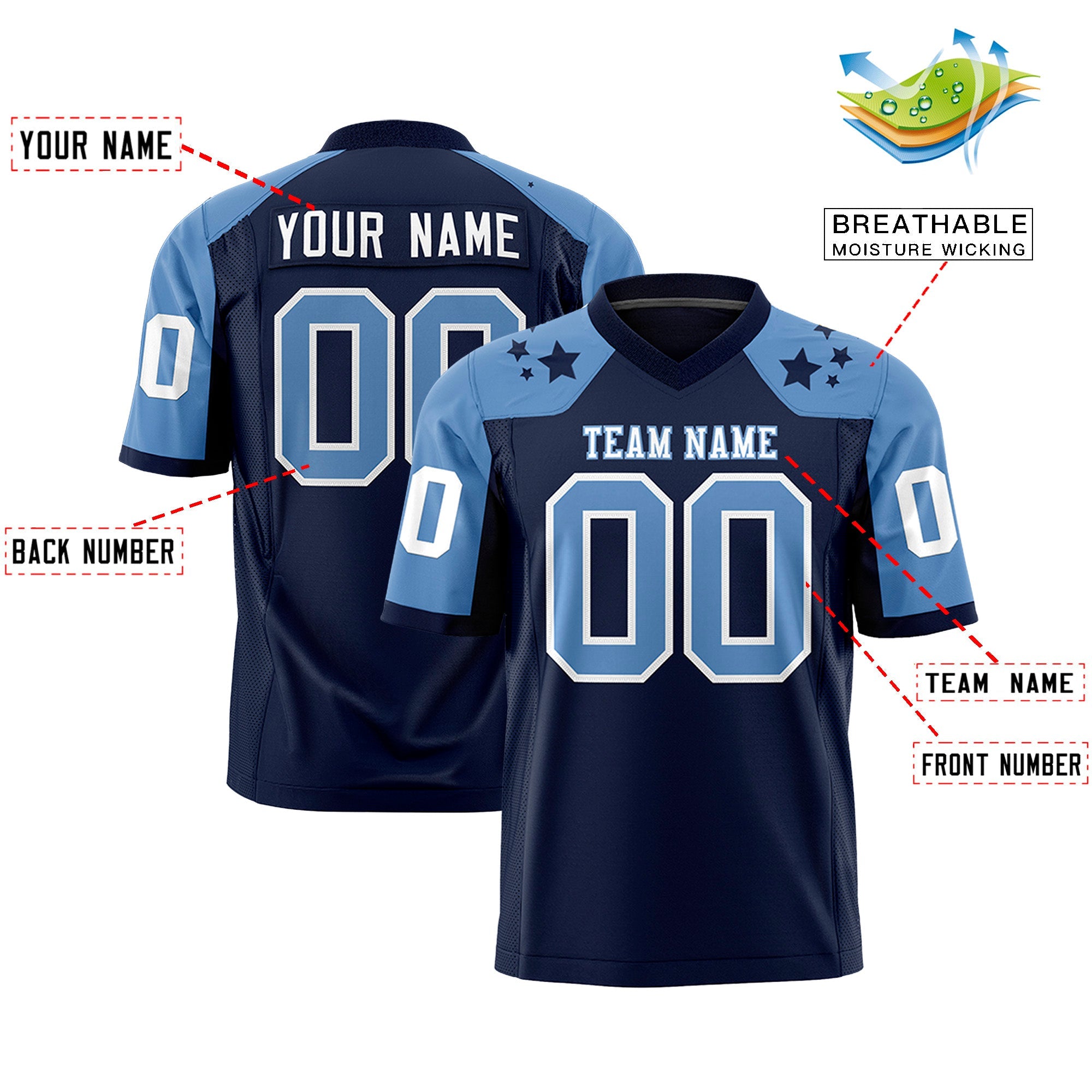 Custom Navy Light Blue Personalized Shoulder Star Pattern Authentic Football Jersey