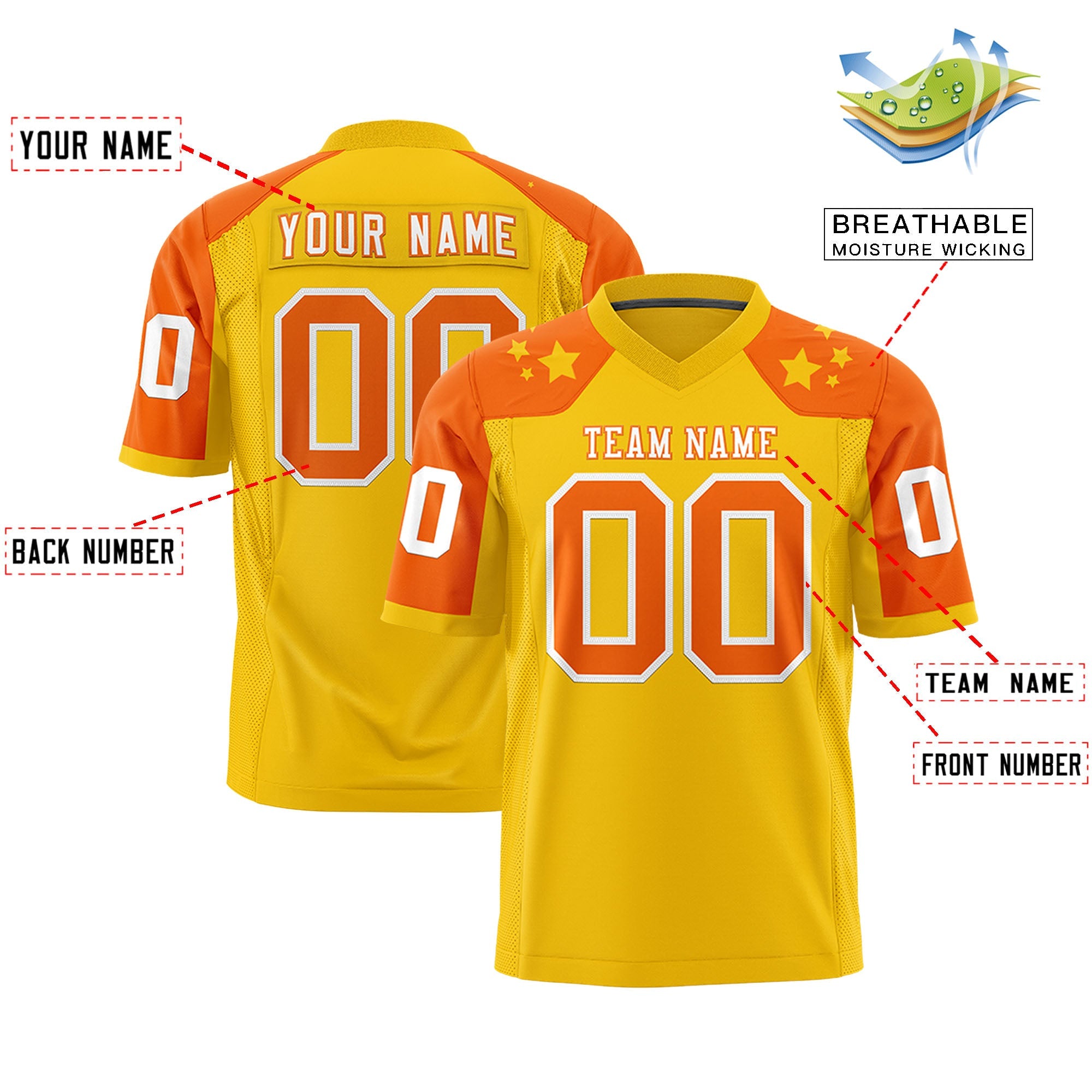 Custom Gold Orange Personalized Shoulder Star Pattern Authentic Football Jersey