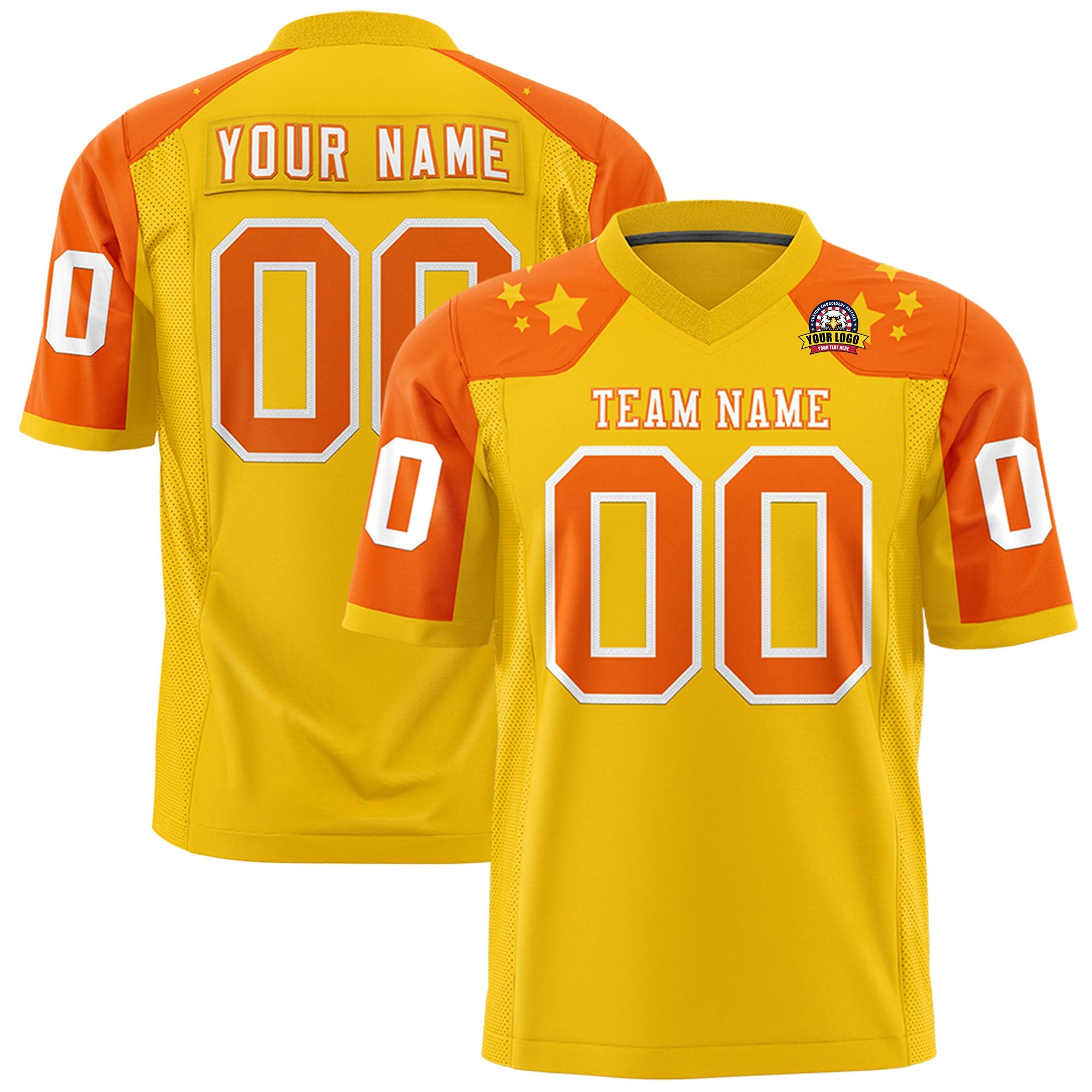 Custom Gold Orange Personalized Shoulder Star Pattern Authentic Football Jersey