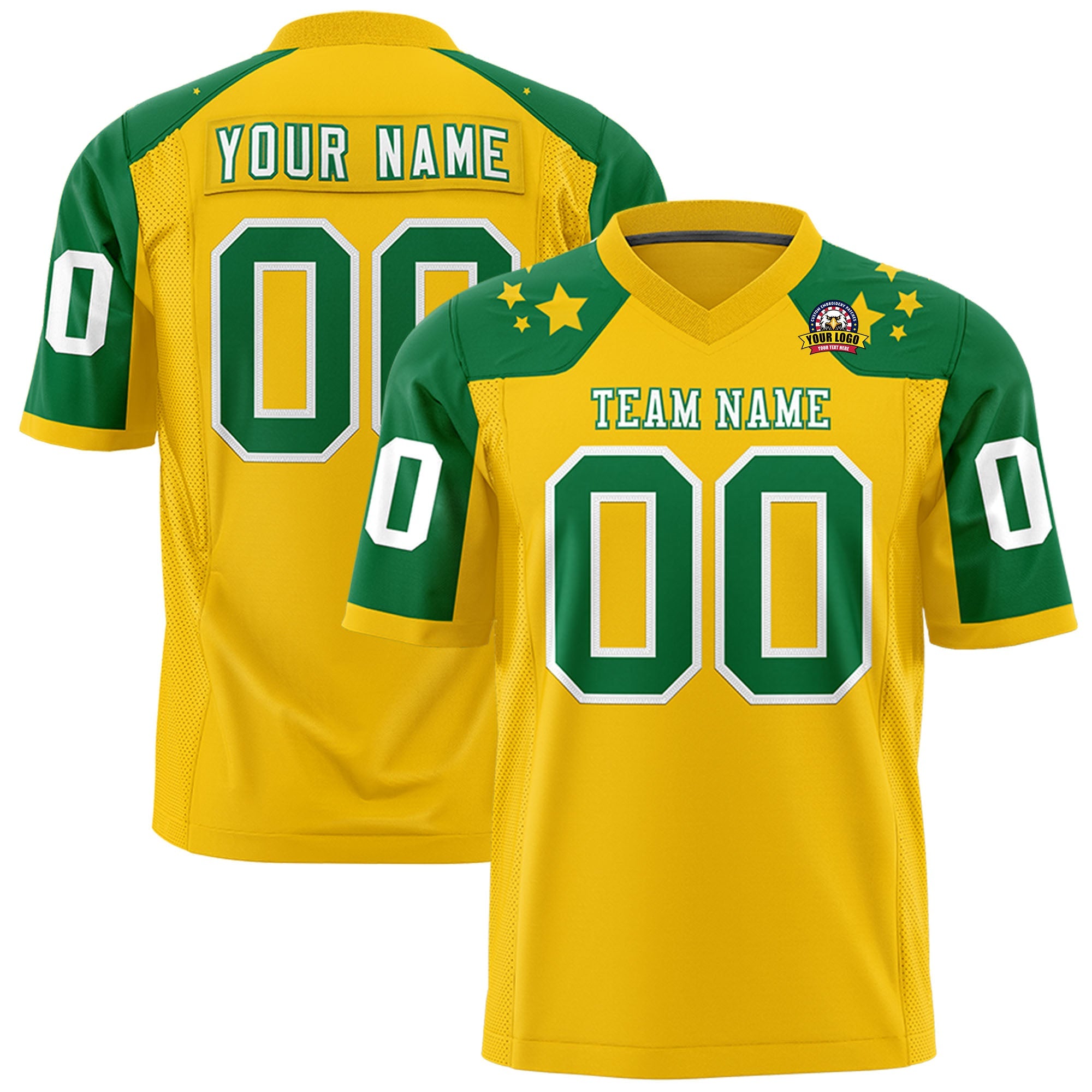 Custom Gold Kelly Green Personalized Shoulder Star Pattern Authentic Football Jersey