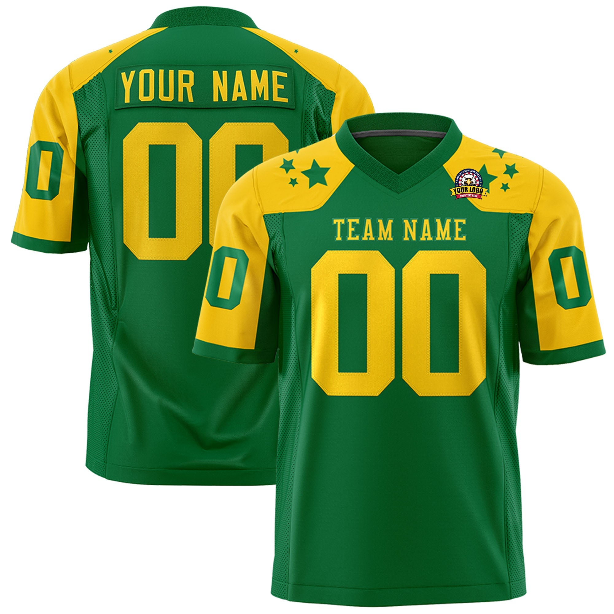 Custom Kelly Green Gold Personalized Shoulder Star Pattern Authentic Football Jersey