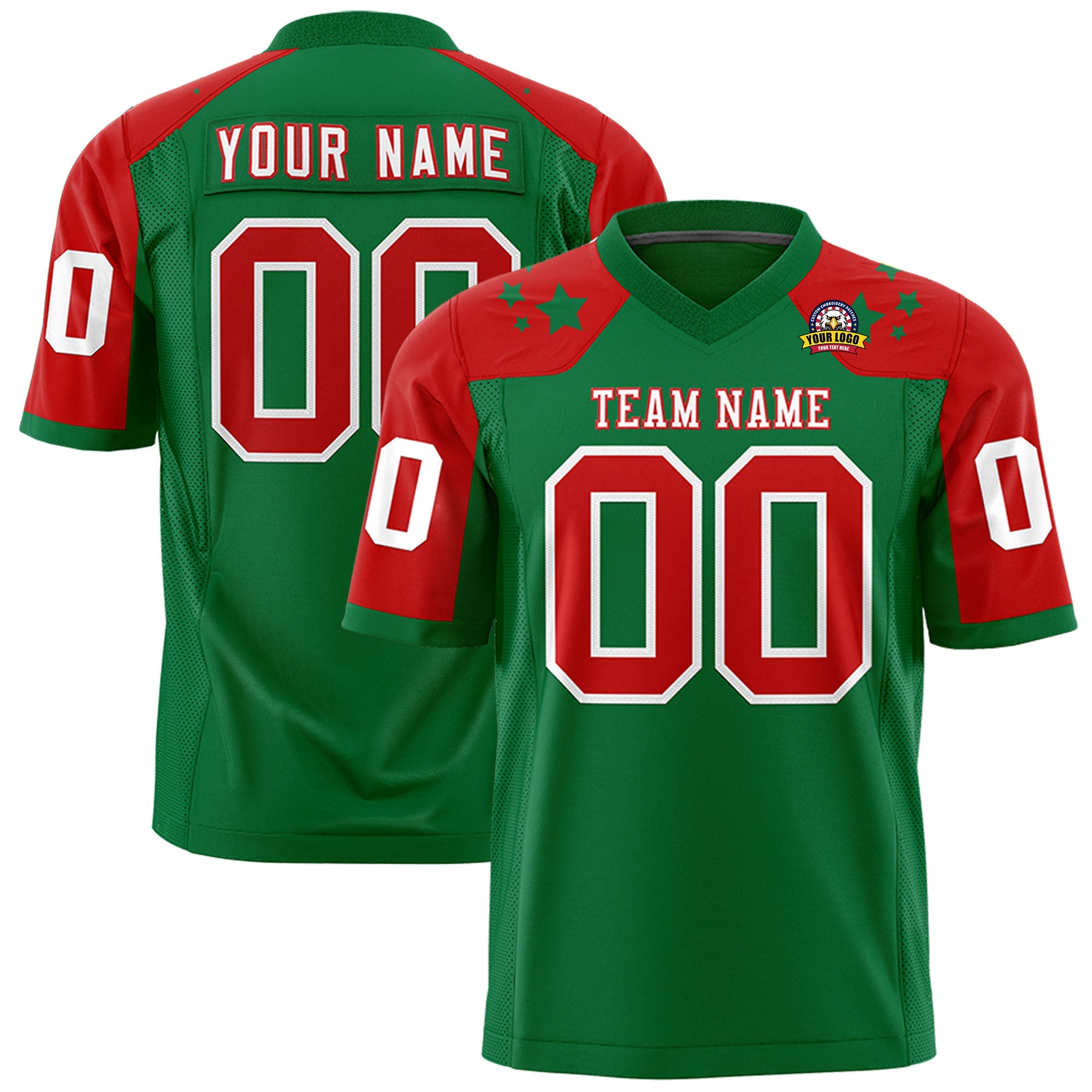 Custom Kelly Green Red Personalized Shoulder Star Pattern Authentic Football Jersey