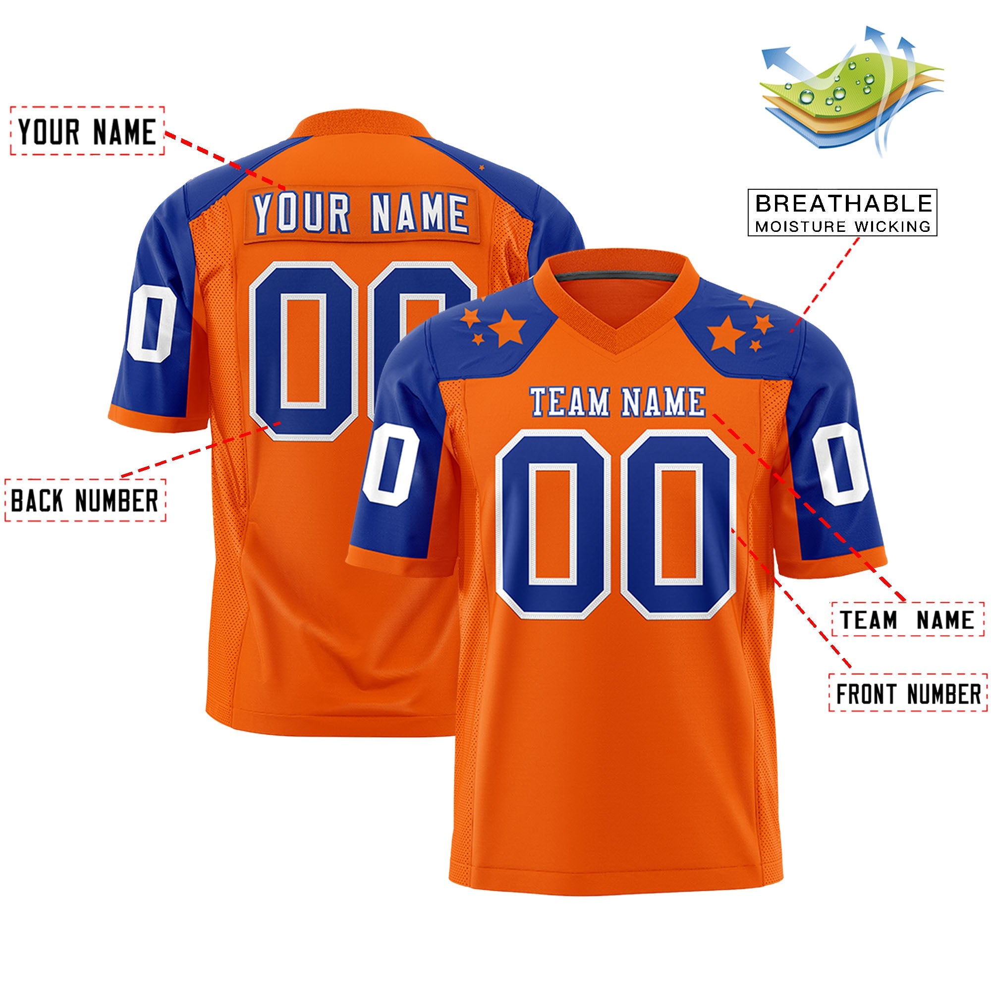 Custom Orange Royal Personalized Shoulder Star Pattern Authentic Football Jersey