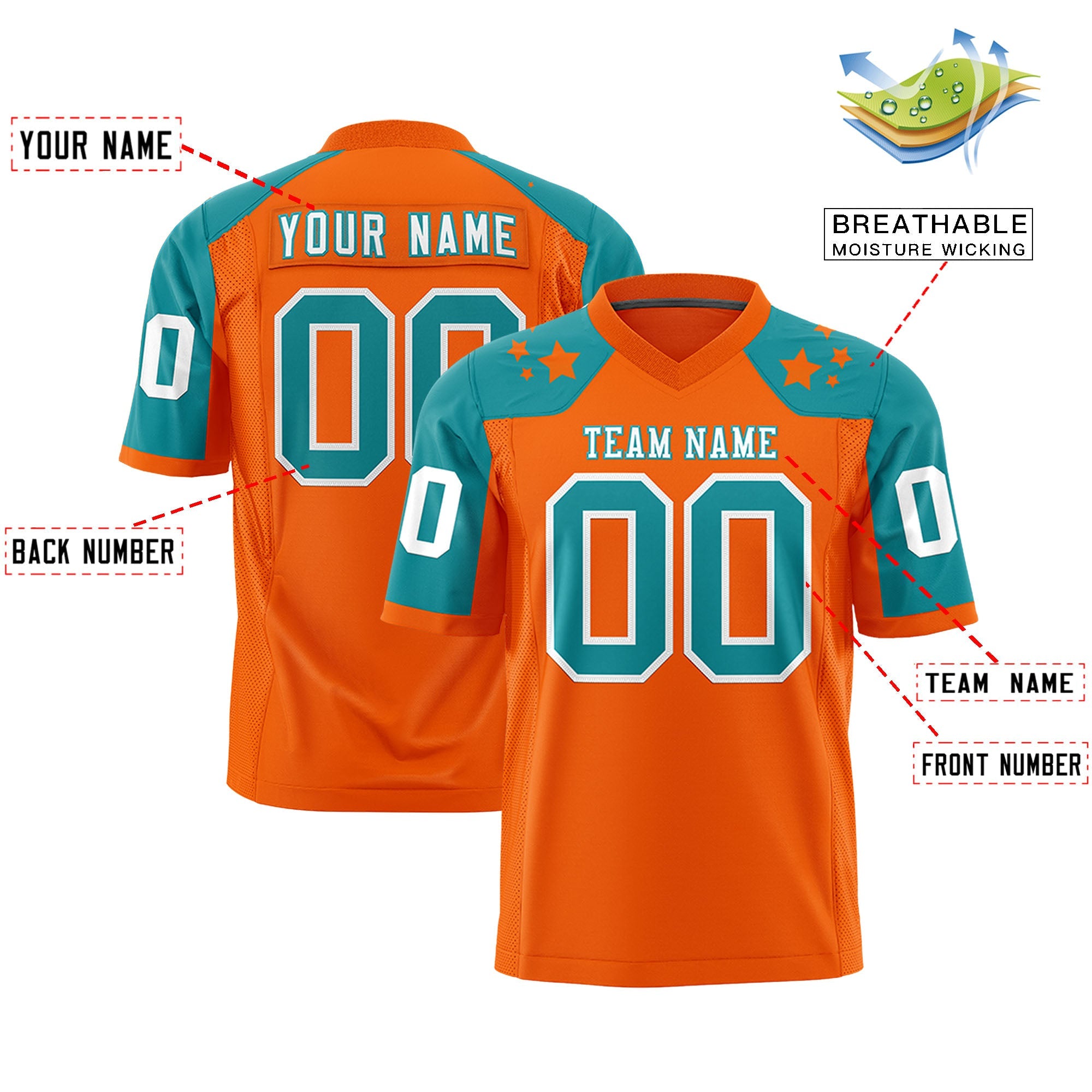 Custom Orange Aqua Personalized Shoulder Star Pattern Authentic Football Jersey