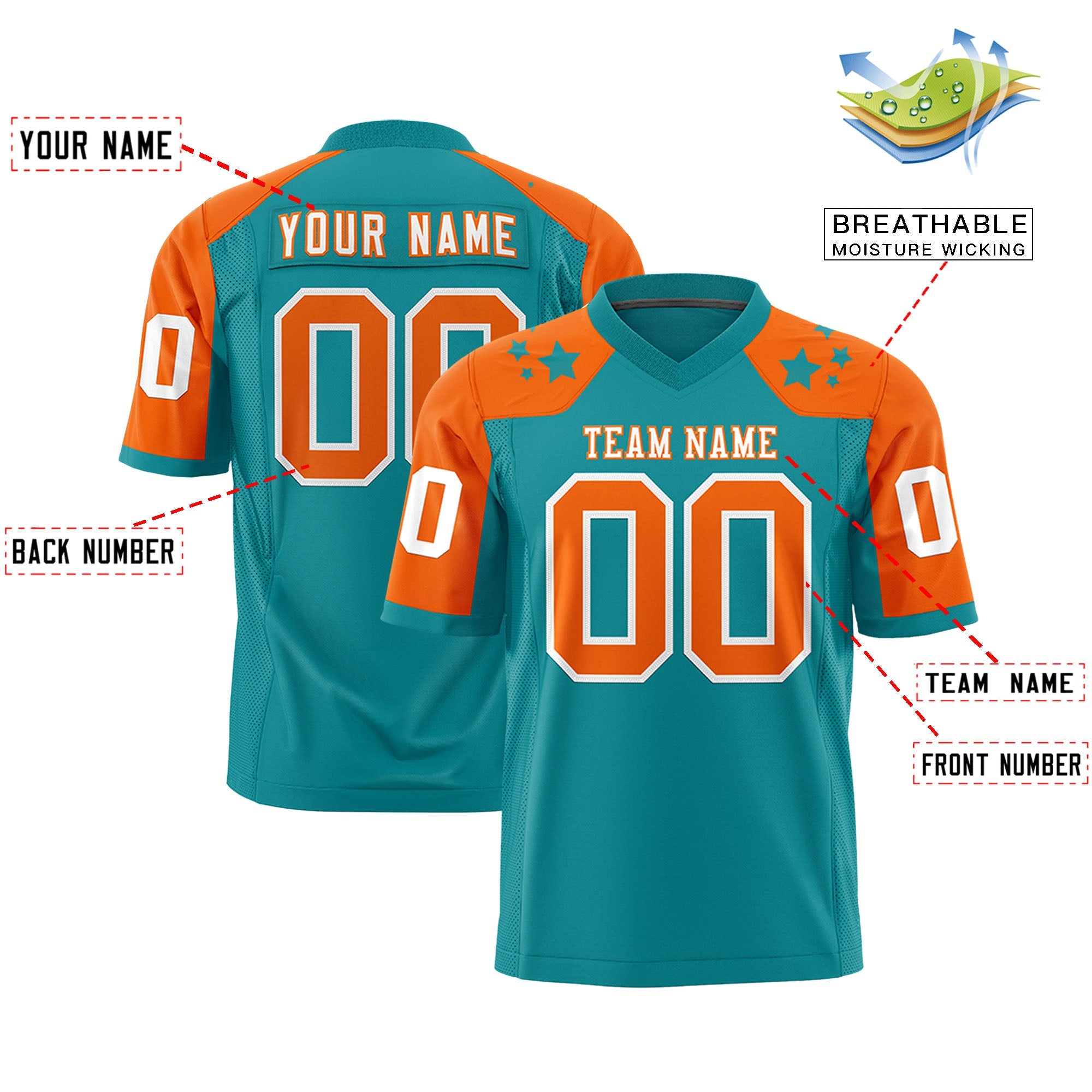 Custom Aqua Orange Personalized Shoulder Star Pattern Authentic Football Jersey