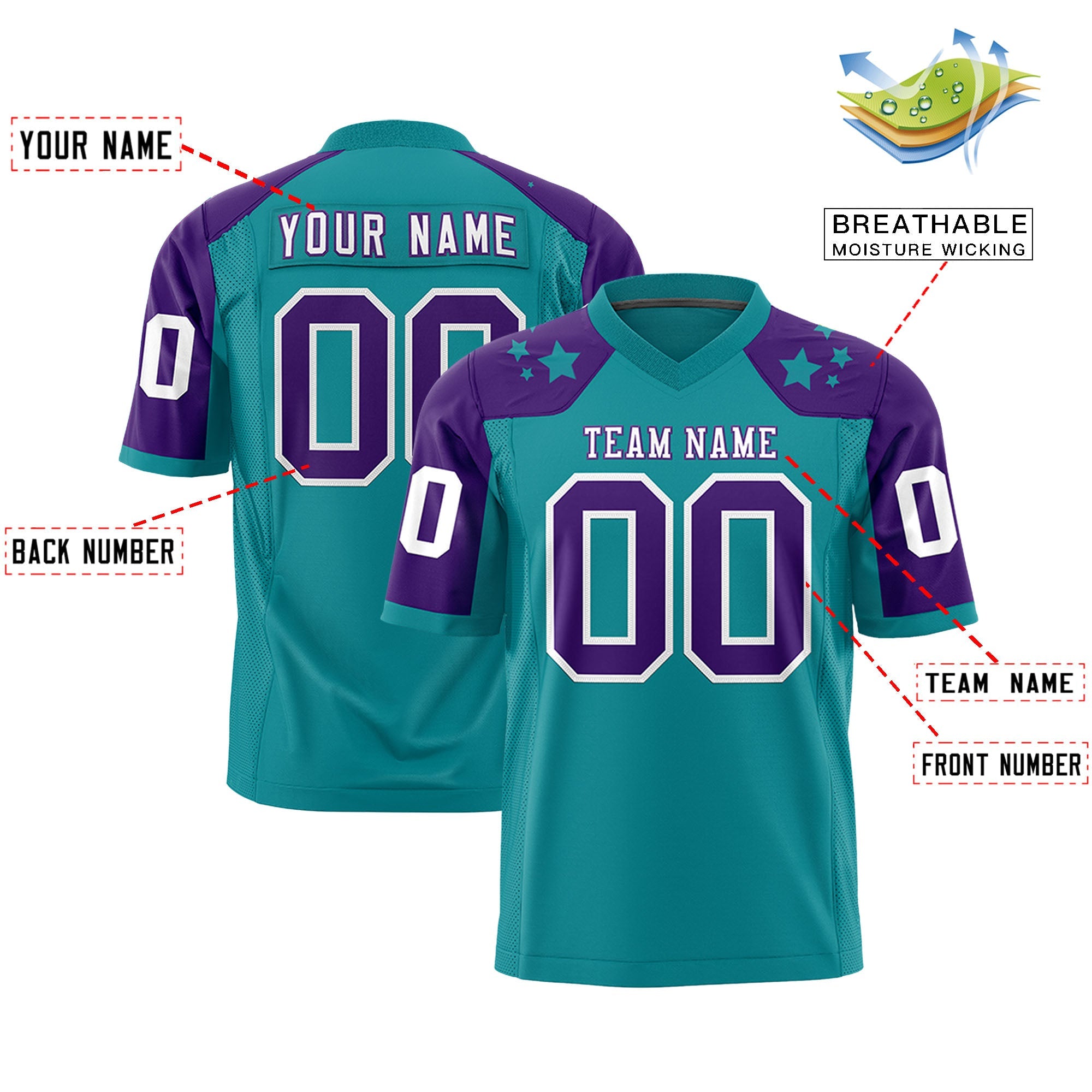 Custom Aqua Purple Personalized Shoulder Star Pattern Authentic Football Jersey