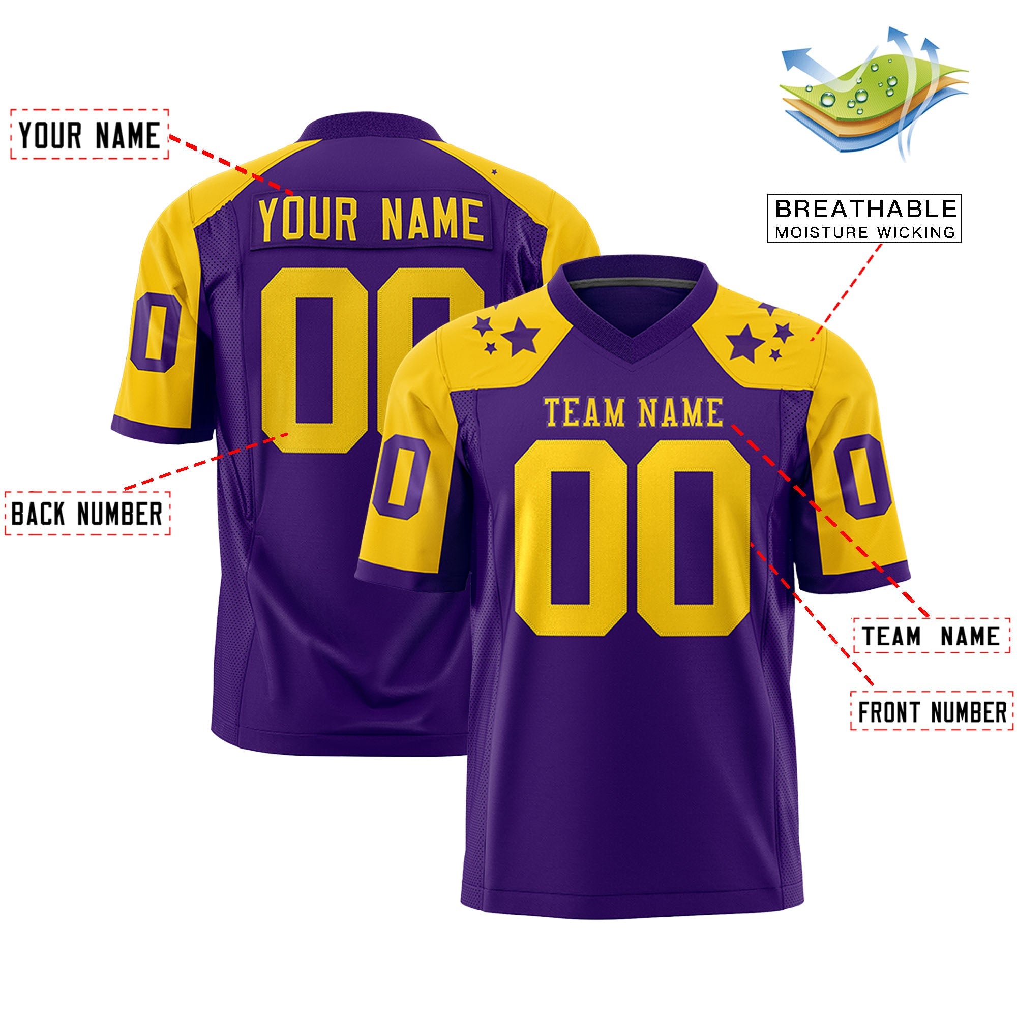 Custom Purple Gold Personalized Shoulder Star Pattern Authentic Football Jersey