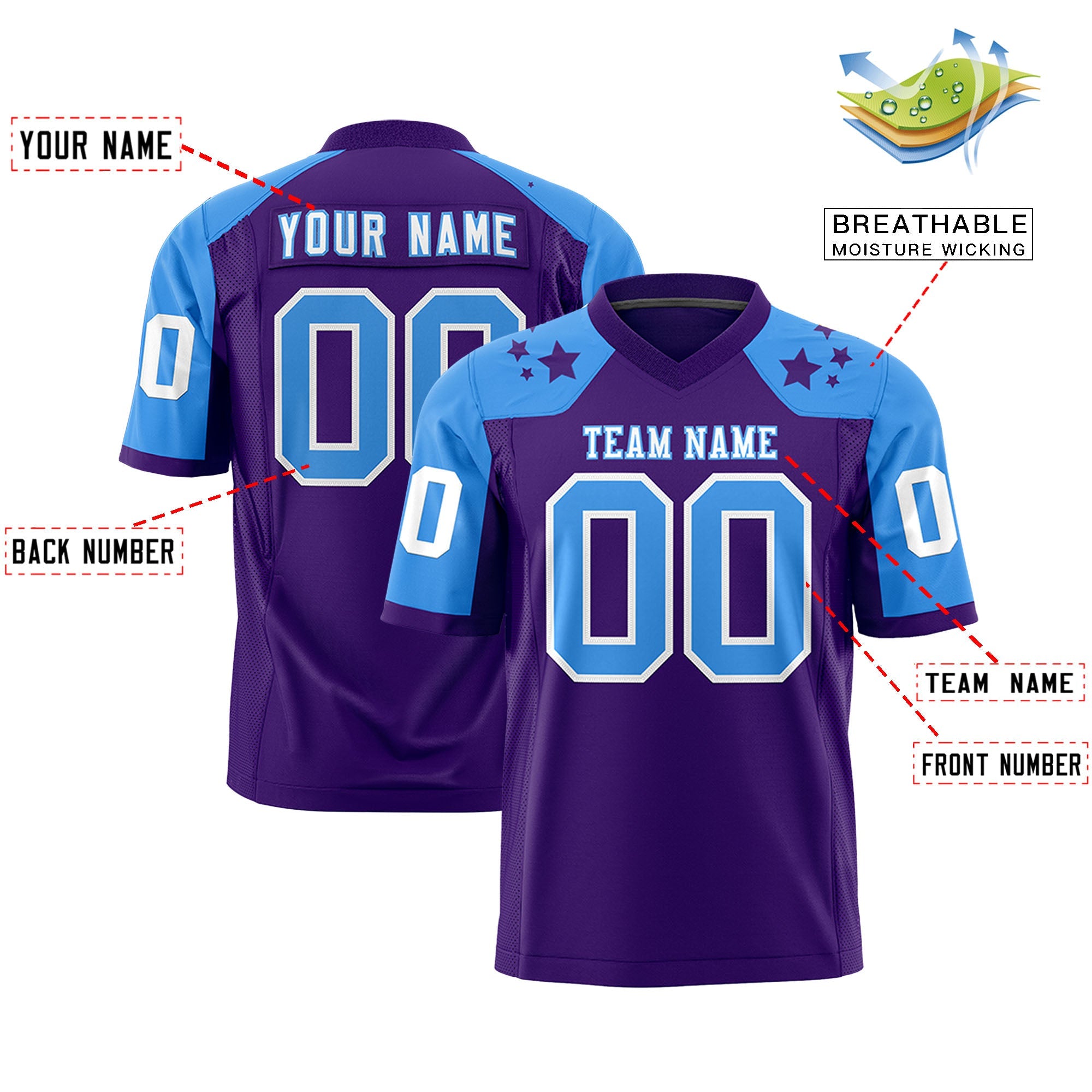 Custom Purple Powder Blue Personalized Shoulder Star Pattern Authentic Football Jersey