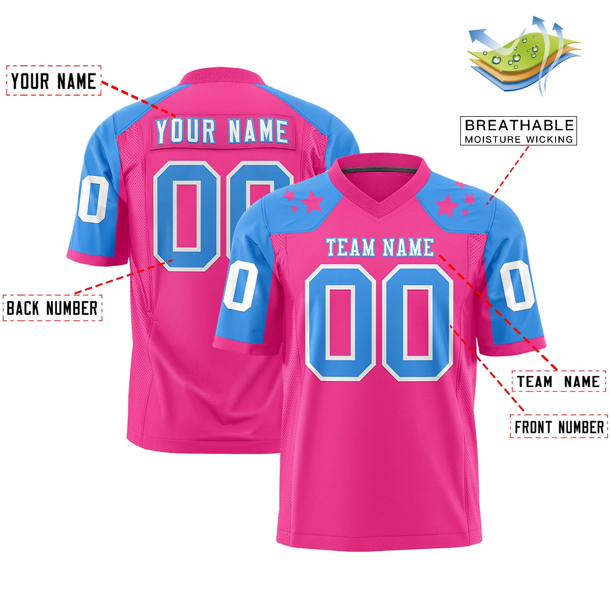 Custom Pink Powder Blue Personalized Shoulder Star Pattern Authentic Football Jersey