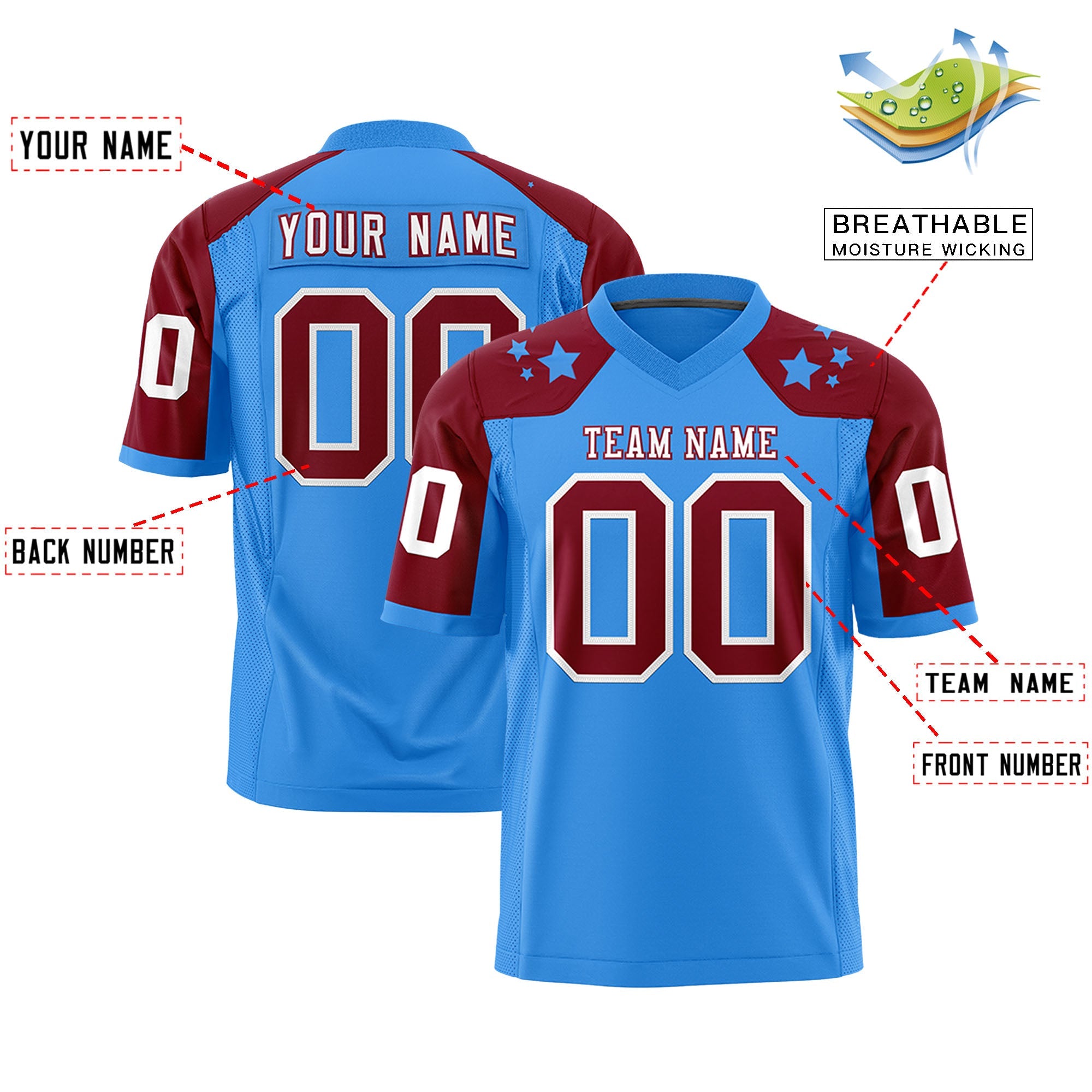 Custom Powder Blue Crimson Personalized Shoulder Star Pattern Authentic Football Jersey