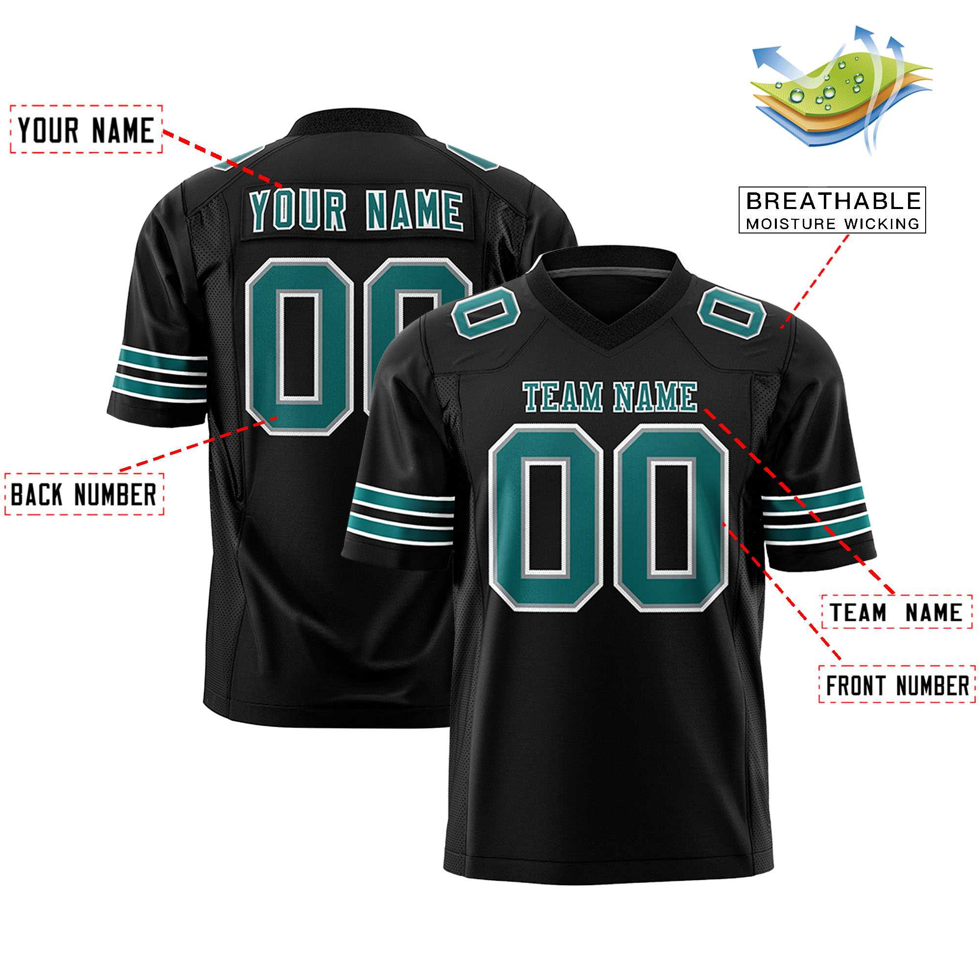 Custom Black Aqua-White Personalized Classic Authentic Football Jersey