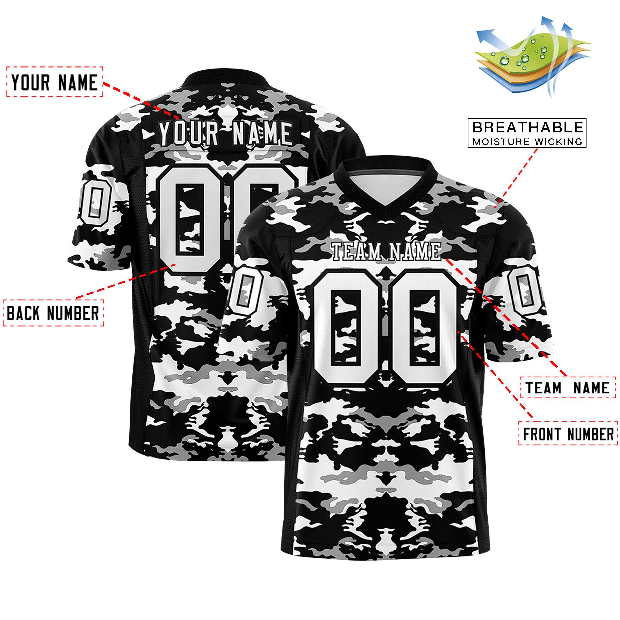 Custom Black White-Gray Personalized Camo Authentic Football Jersey