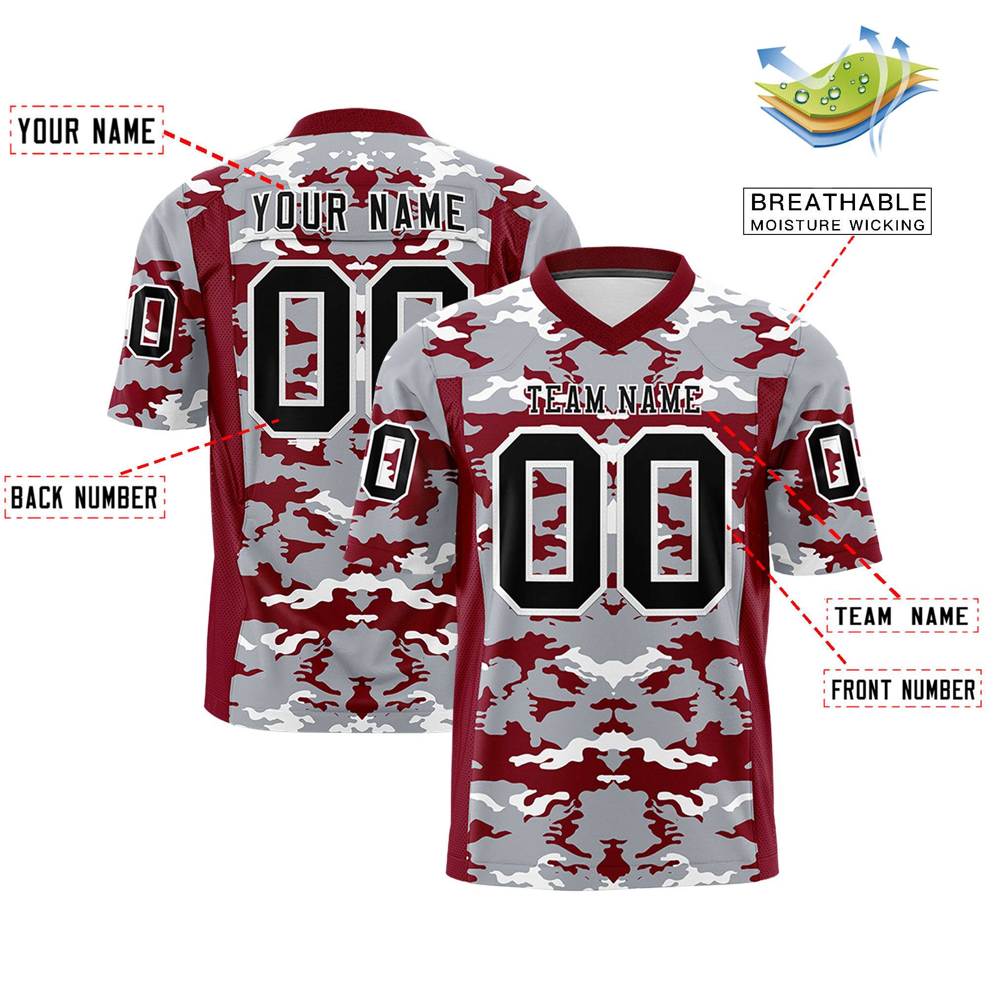 Custom Red Gray-White Personalized Camo Authentic Football Jersey