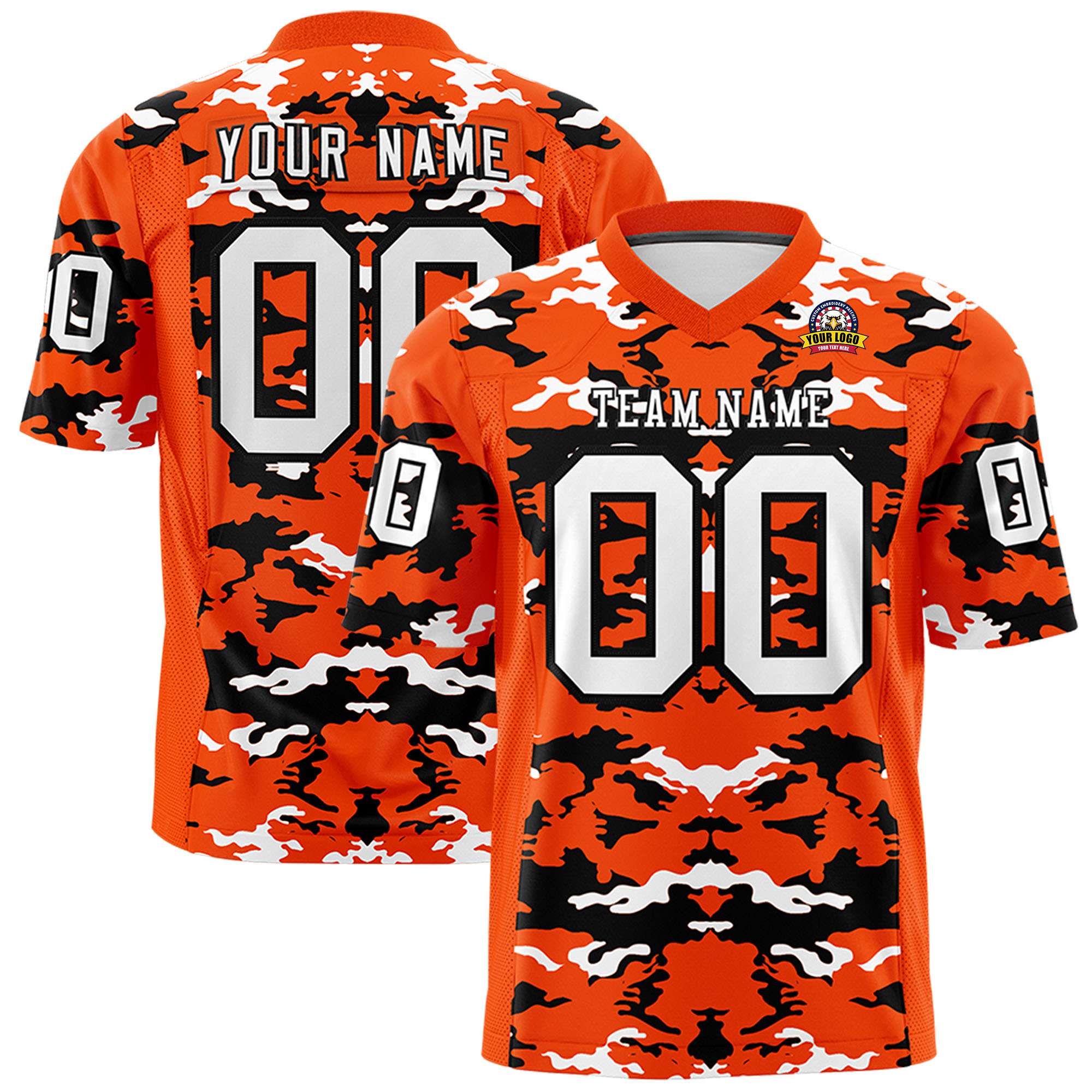 KxK Custom Orange Black White Personalized Camo Authentic Football Jersey