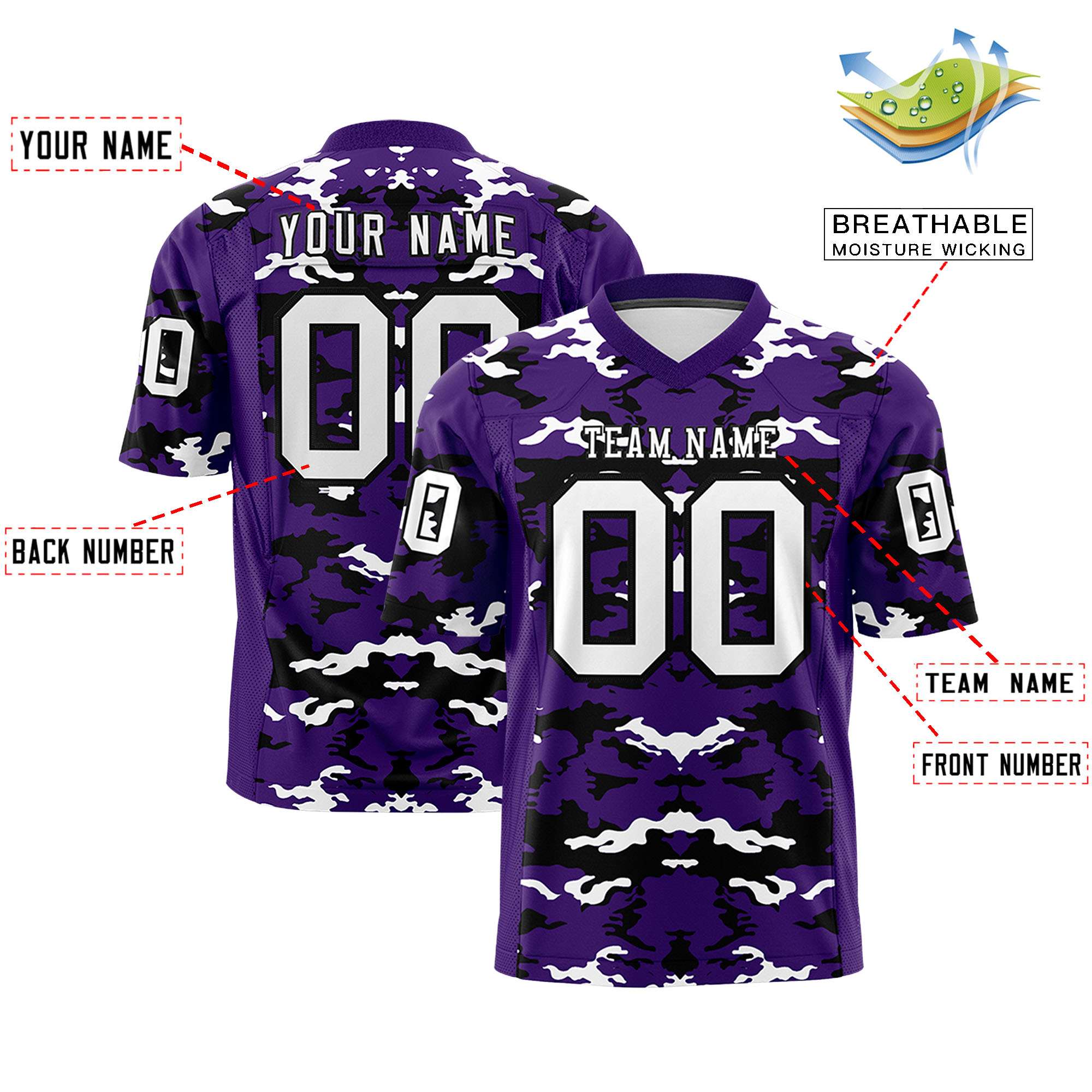 Custom Purple Black-White Personalized Camo Authentic Football Jersey