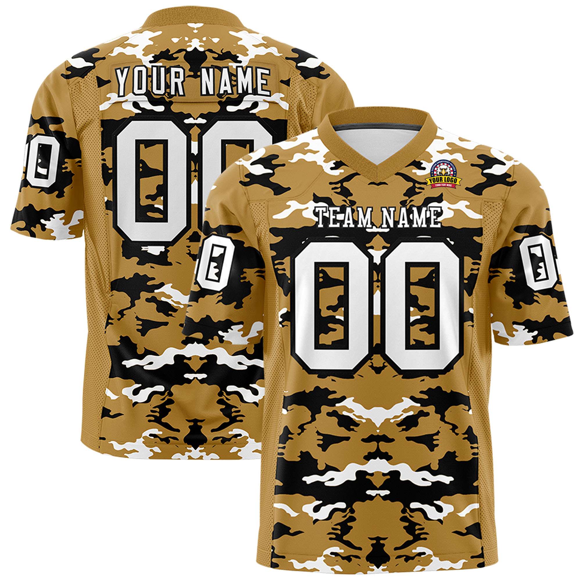 Custom Old Gold Black-White Personalized Camo Authentic Football Jersey