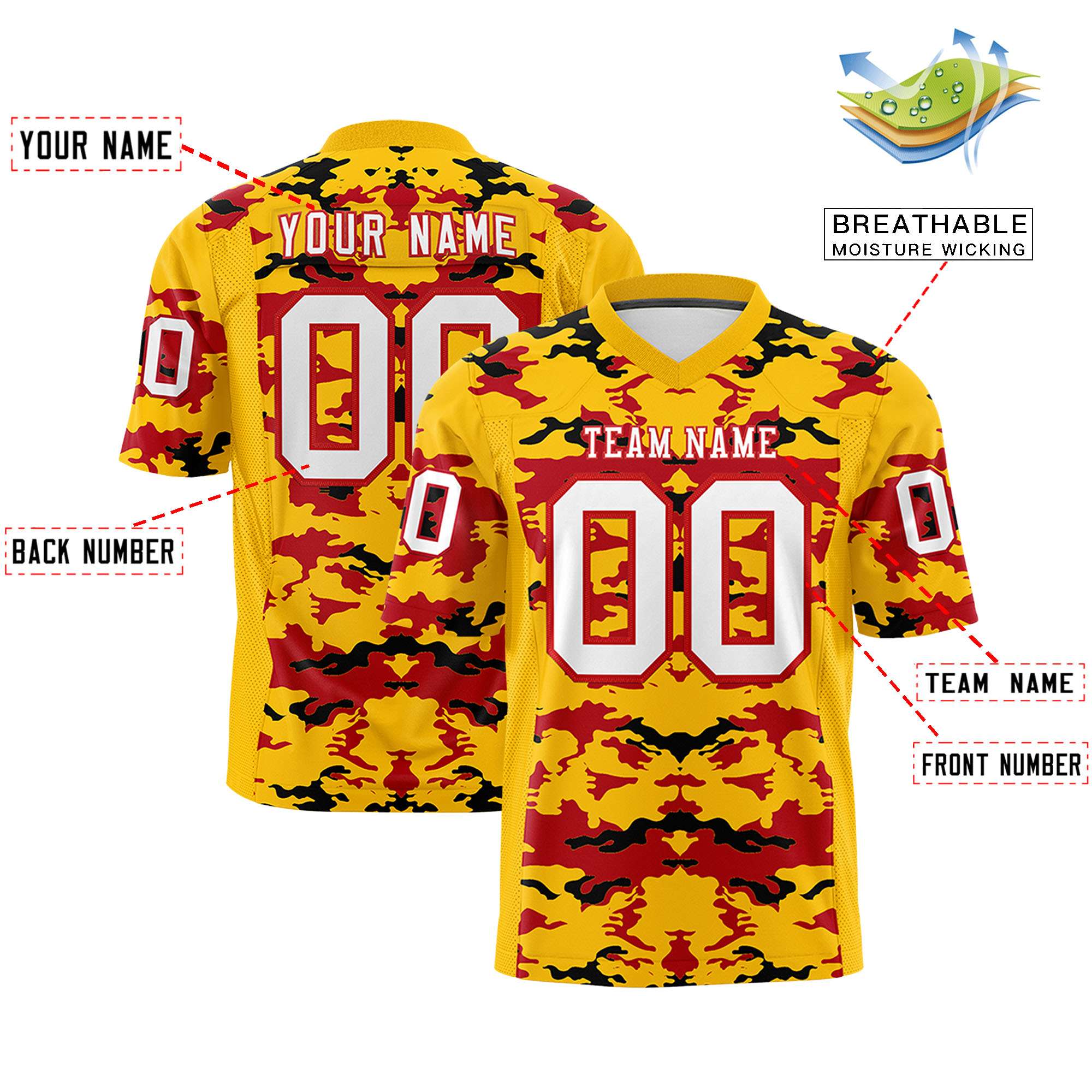 Custom Yellow Red-Black Personalized Camo Authentic Football Jersey