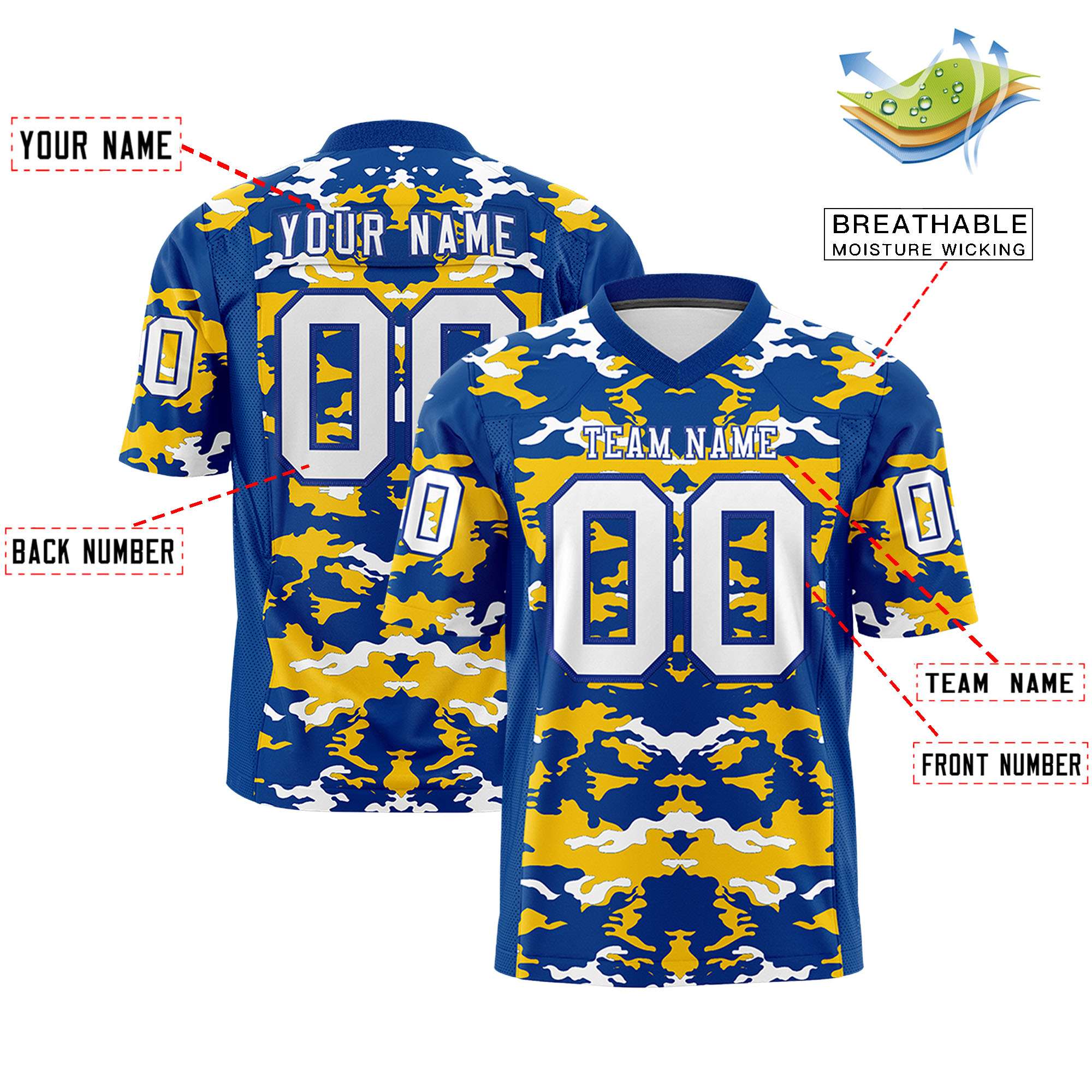 Custom Royal Gold-White Personalized Camo Authentic Football Jersey