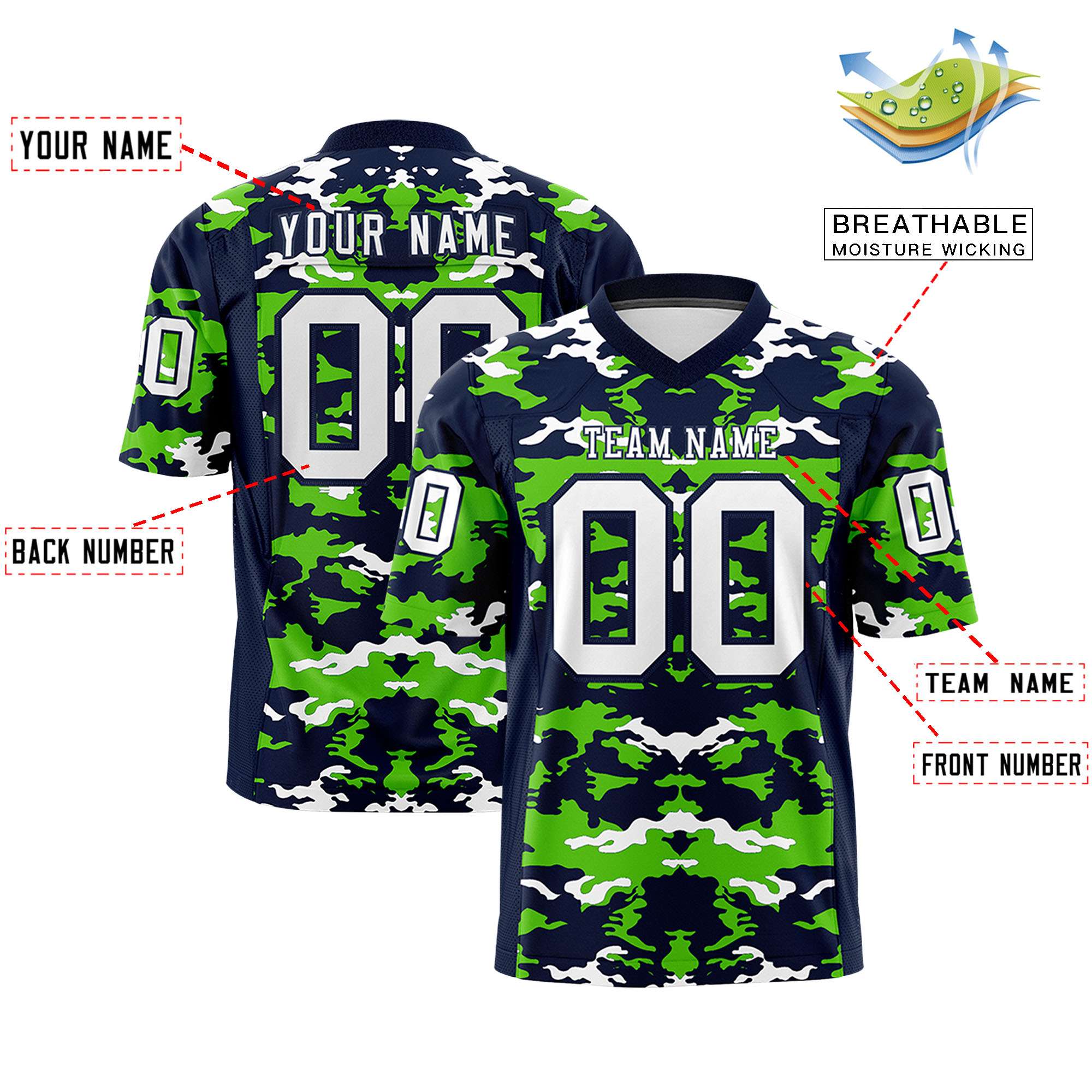 Custom Navy Neon Green-White Personalized Camo Authentic Football Jersey