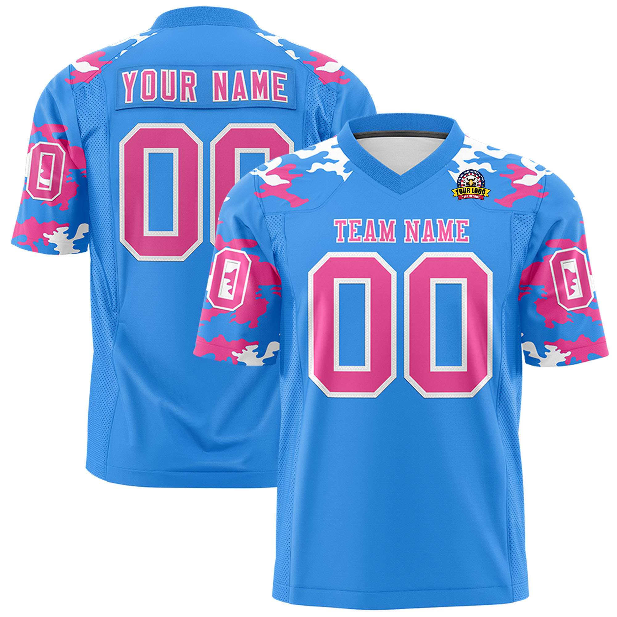 Custom Powder Blue Pink-White Personalized Camo Authentic Football Jersey