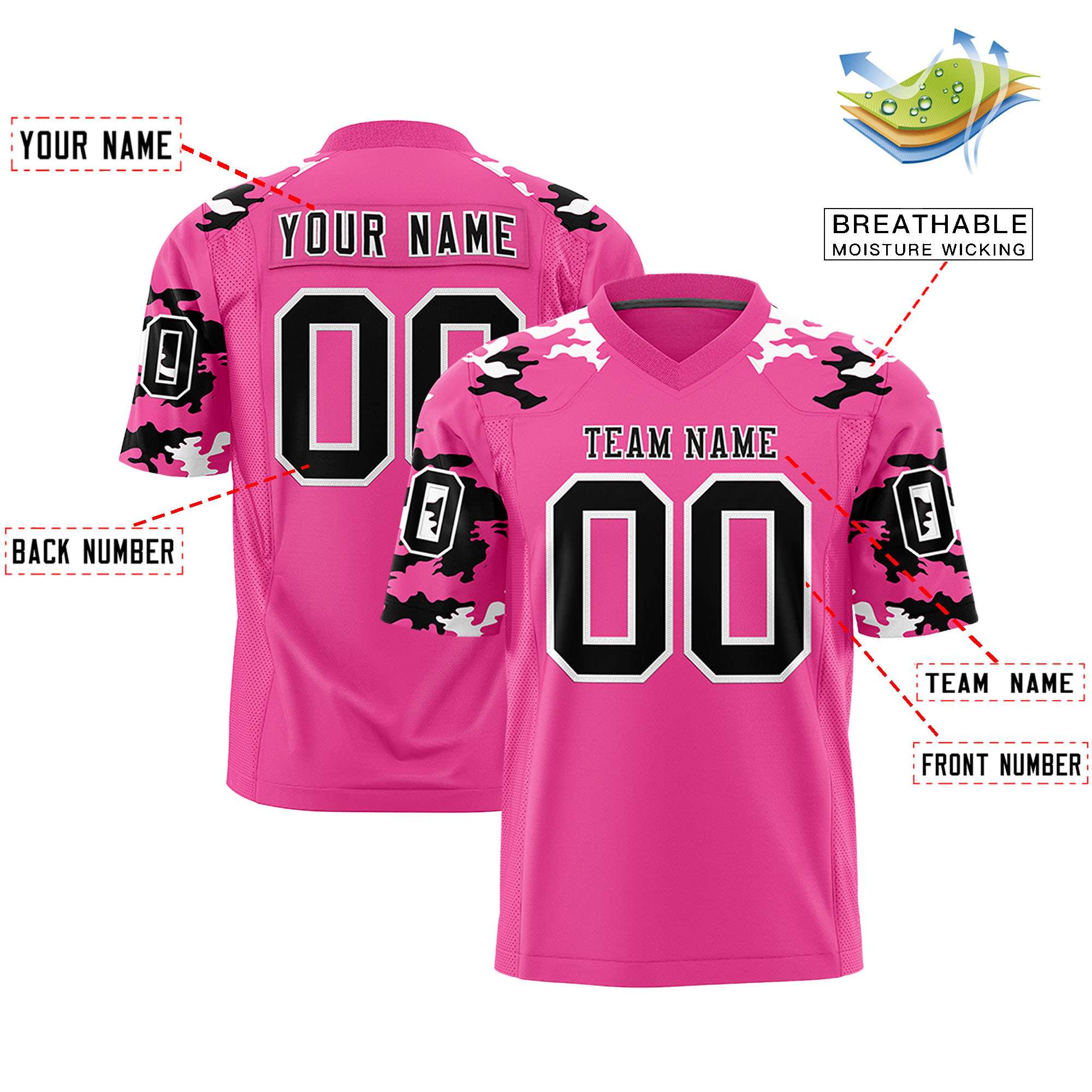 Custom Pink Black-White Personalized Camo Authentic Football Jersey