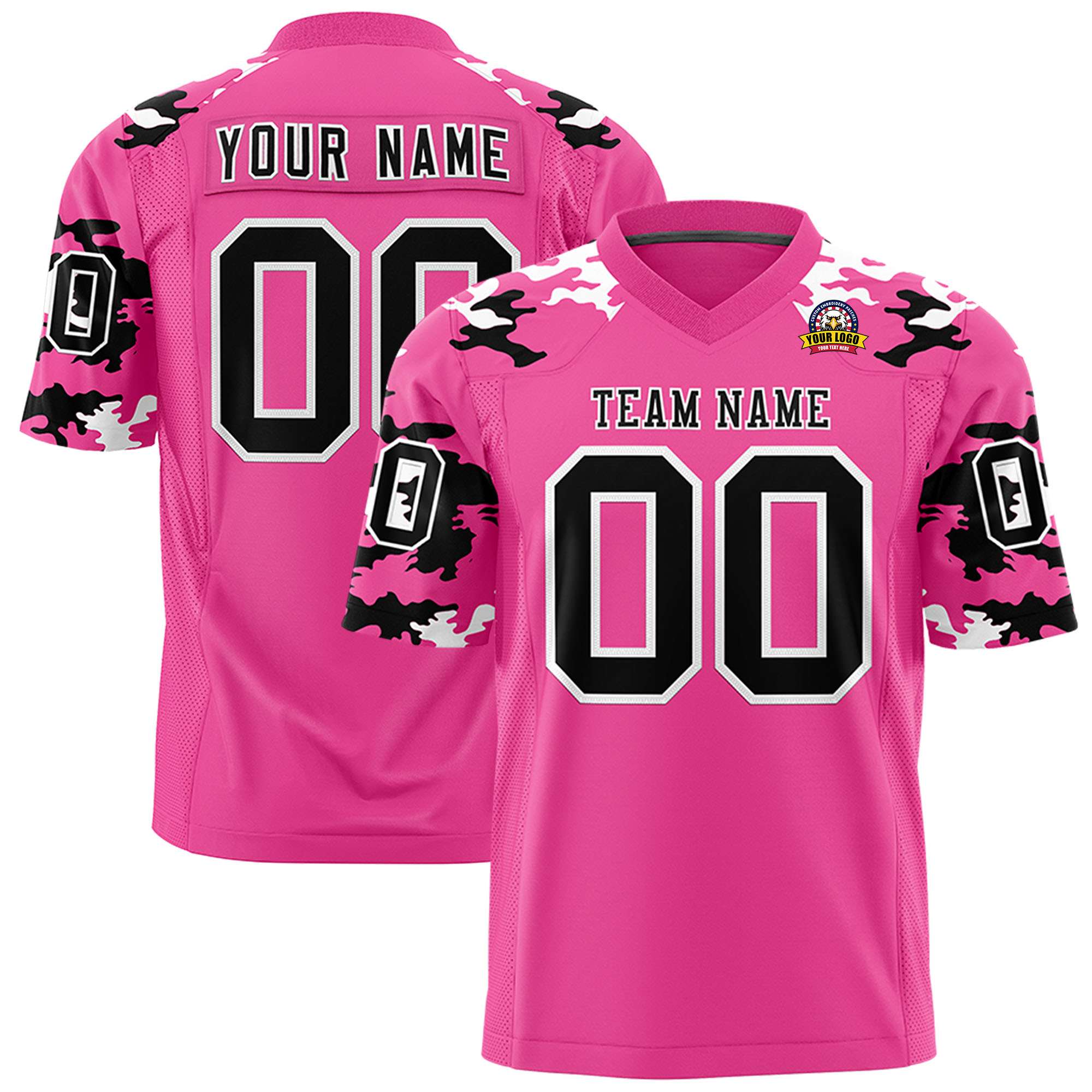 Custom Pink Black-White Personalized Camo Authentic Football Jersey