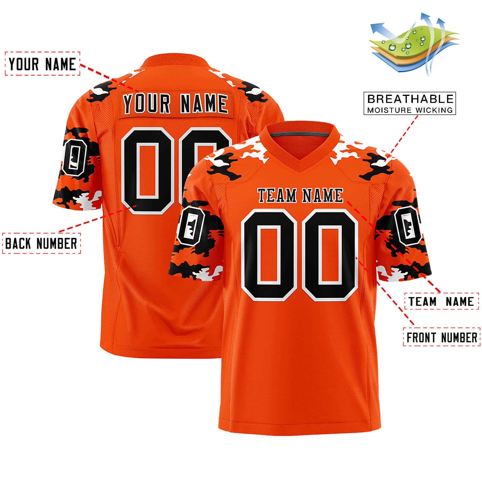 Custom Orange Black-White Personalized Camo Authentic Football Jersey