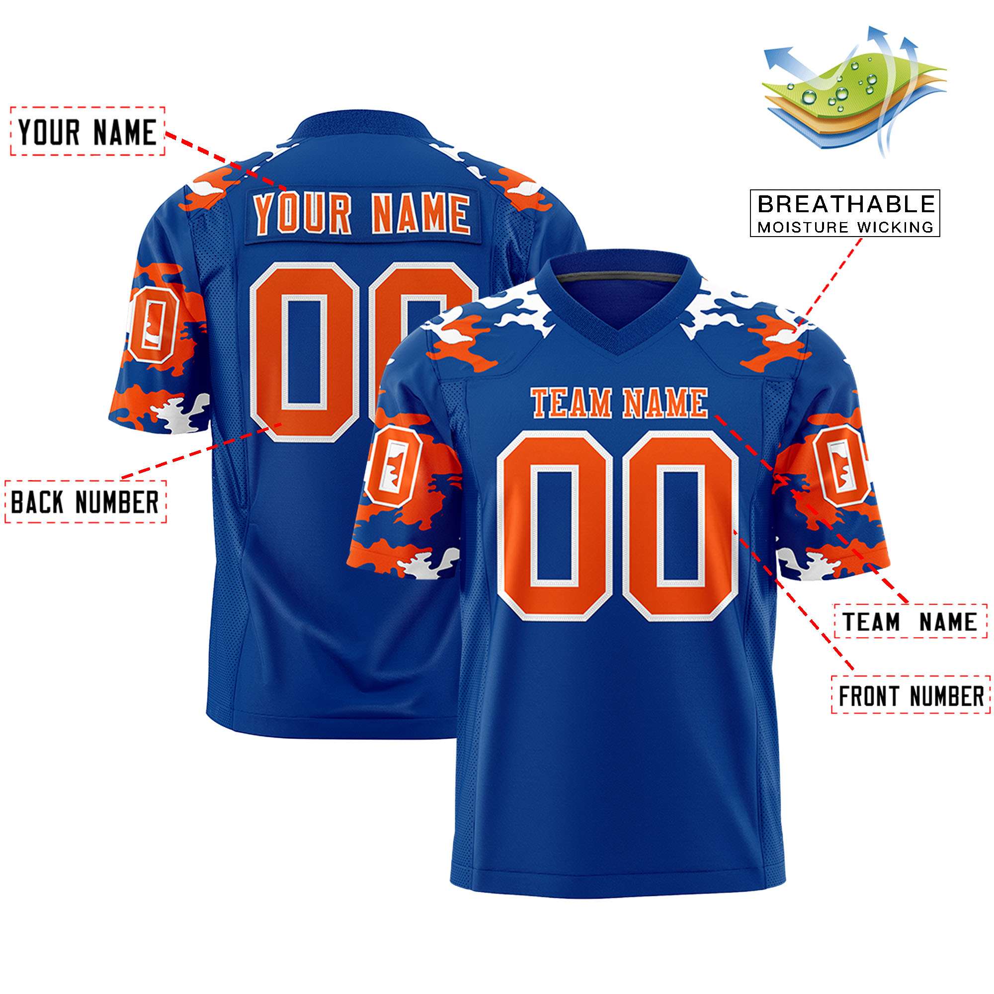 Custom Royal Orange-White Personalized Camo Authentic Football Jersey