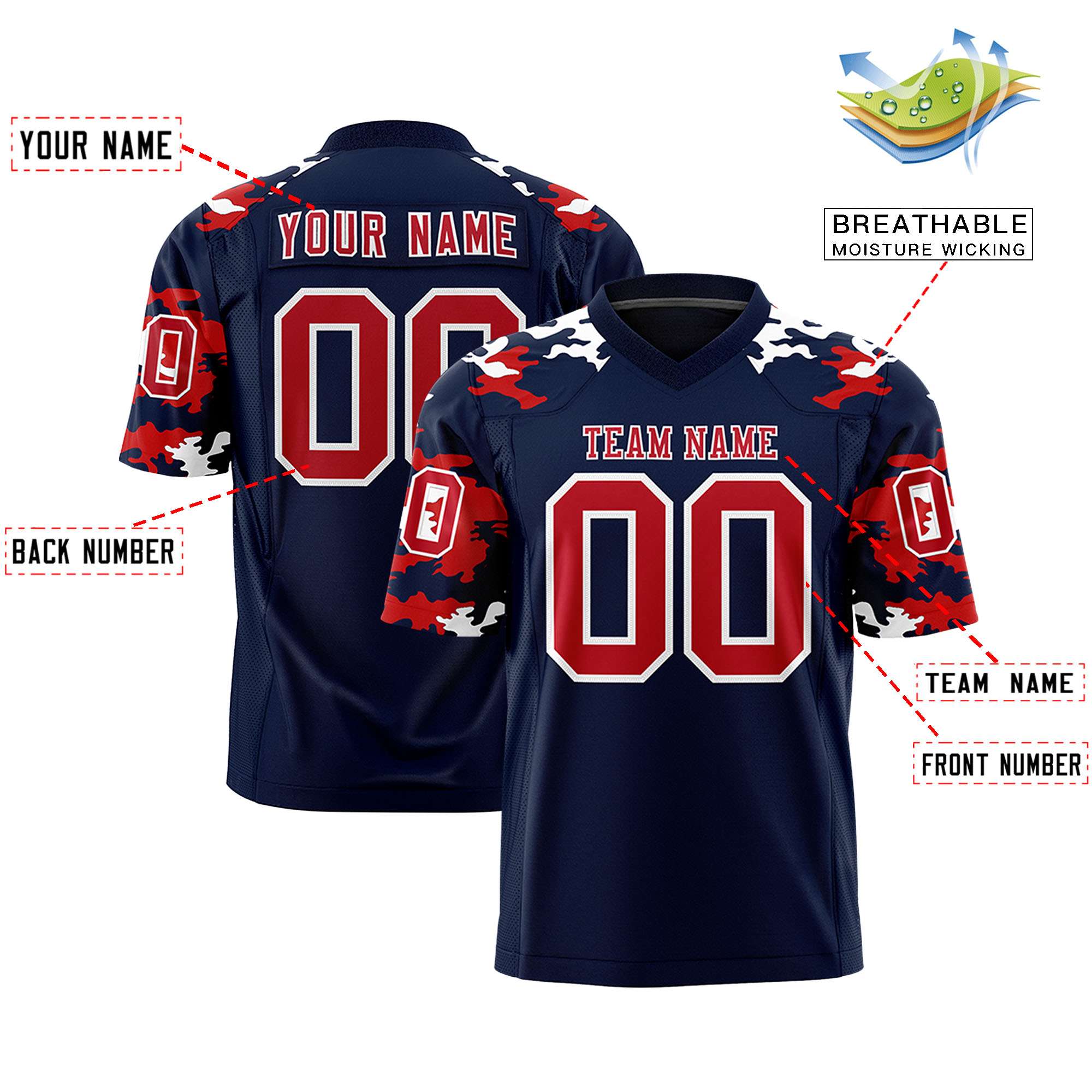 Custom Navy Red-White Personalized Camo Authentic Football Jersey