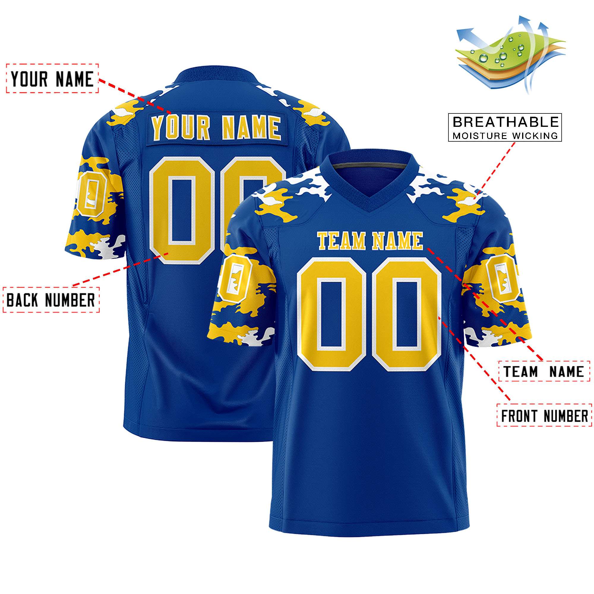 Custom Royal Gold-White Personalized Camo Authentic Football Jersey