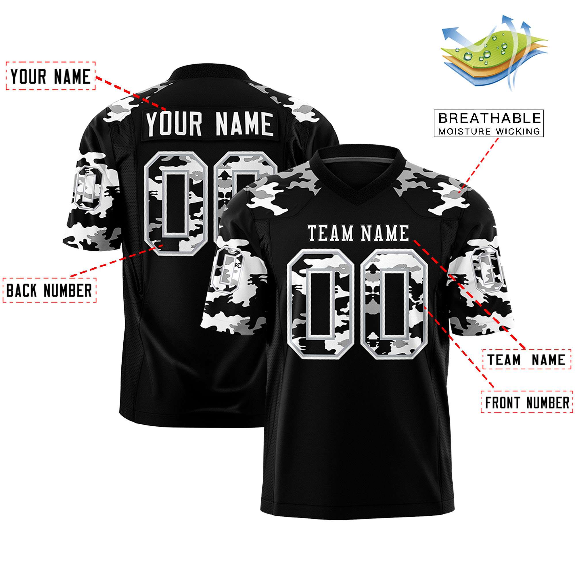 Custom Black White Personalized Camo Authentic Football Jersey