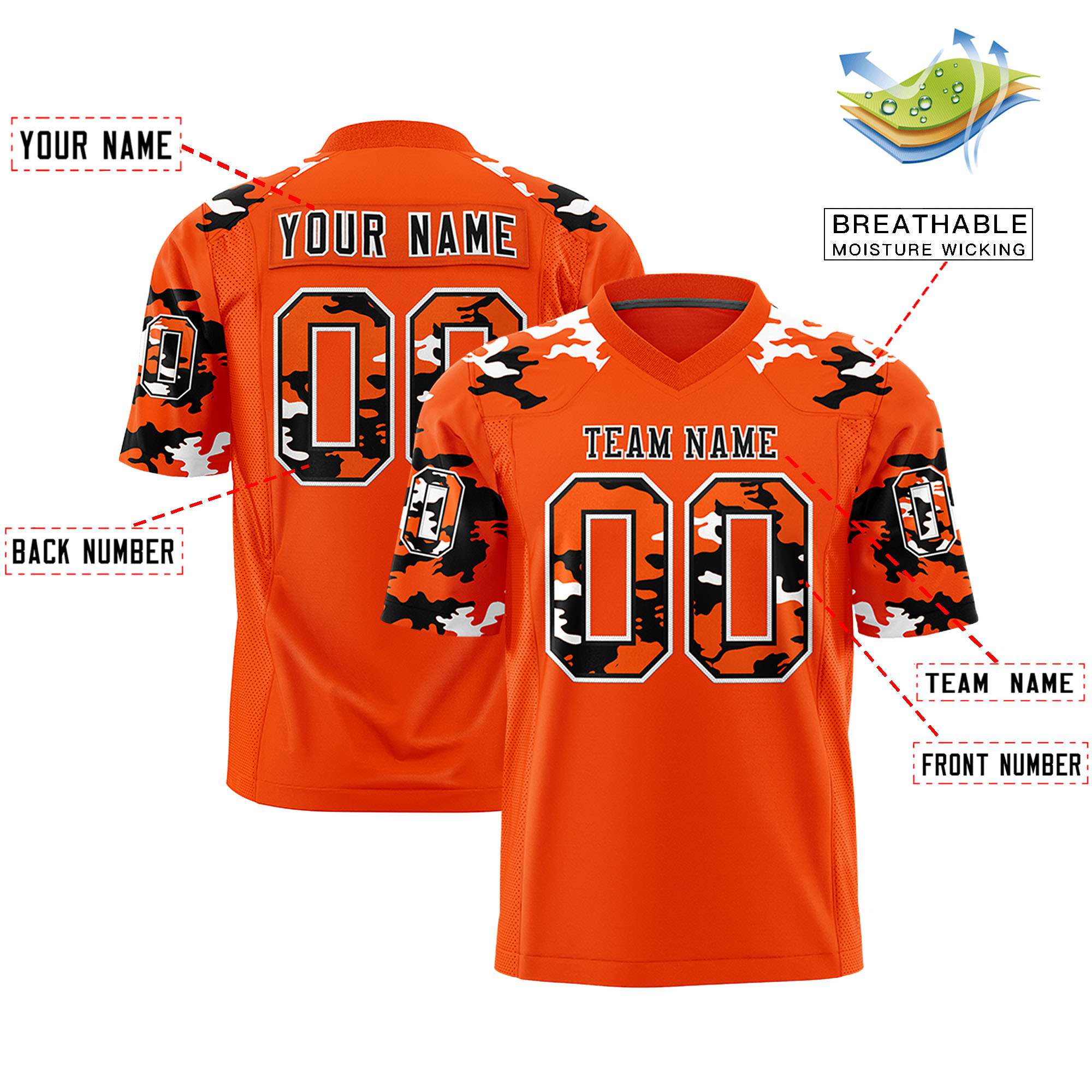 Custom Orange Black-White Personalized Camo Authentic Football Jersey