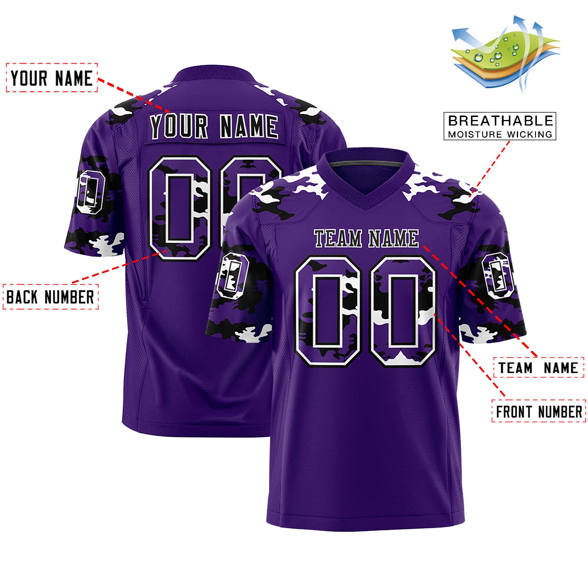 Custom Purple Black-White Personalized Camo Authentic Football Jersey