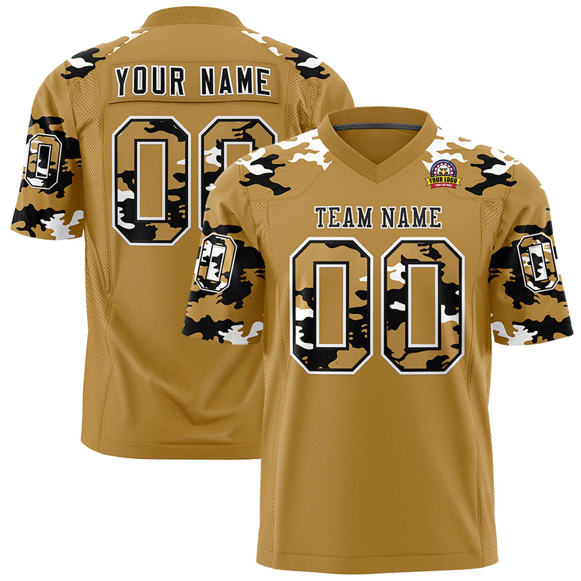 Custom Old Gold Black-White Personalized Camo Authentic Football Jersey