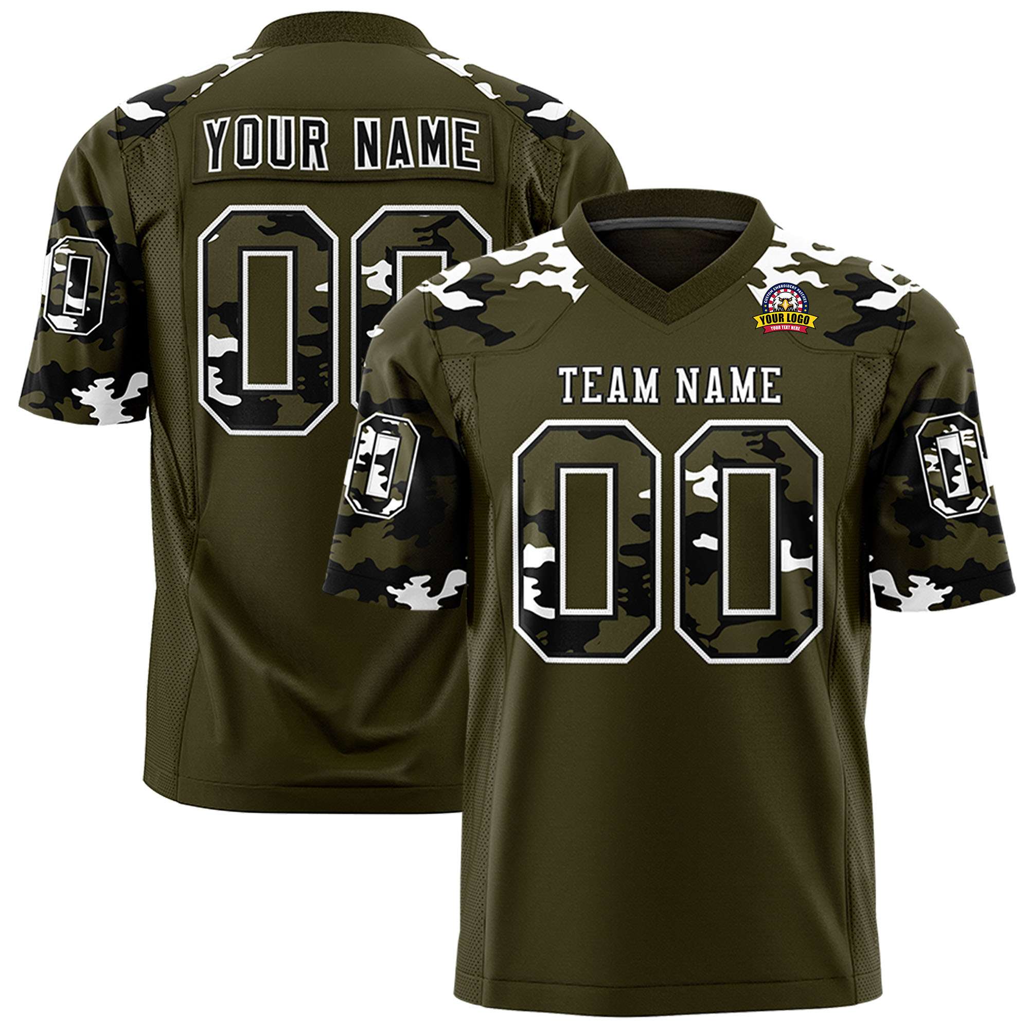 Custom Olive Black-White Personalized Camo Authentic Football Jersey