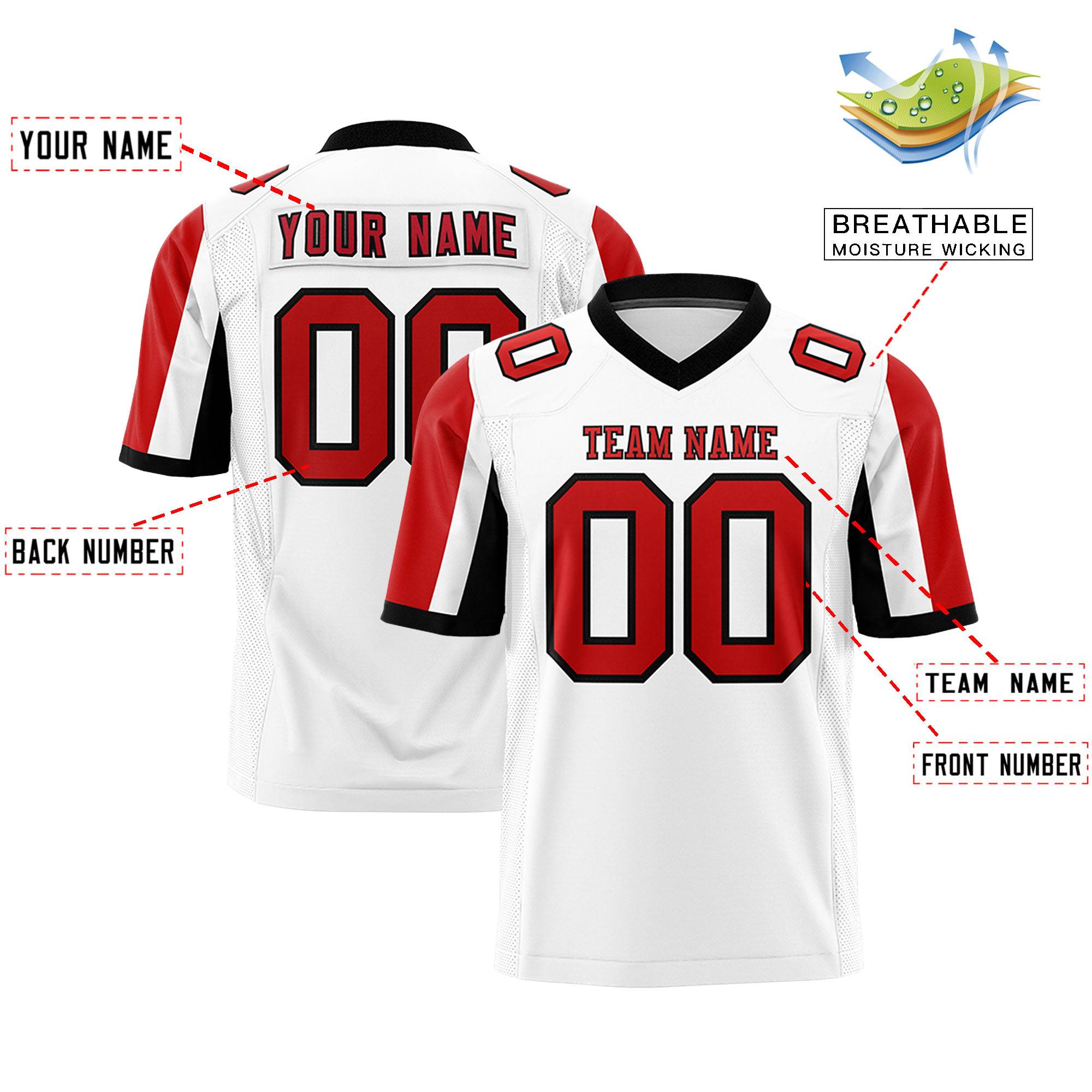 Custom White Red-Black Color Block Personalized Raglan Sleeves Authentic Football Jersey