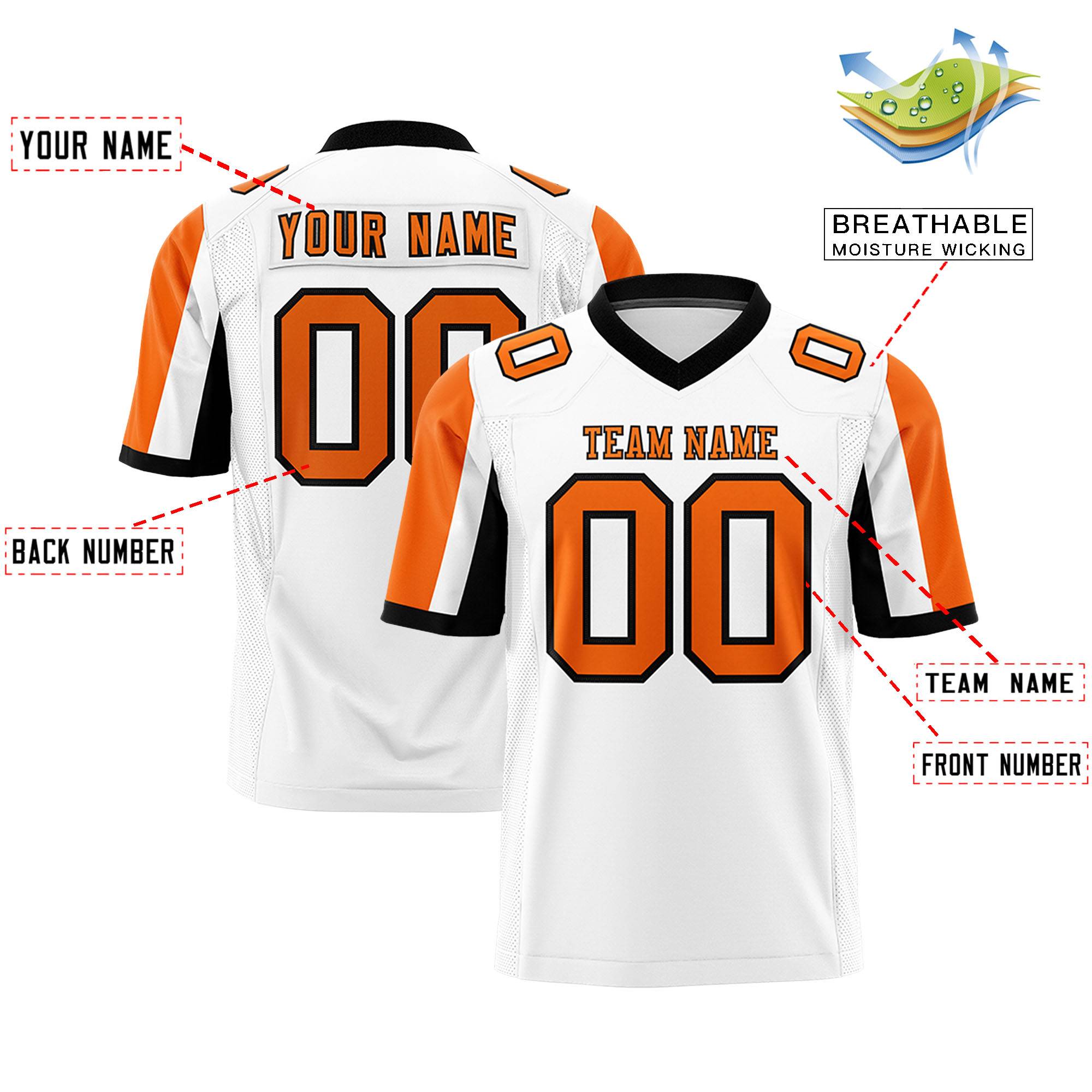 Custom White Orange-Black Color Block Personalized Raglan Sleeves Authentic Football Jersey