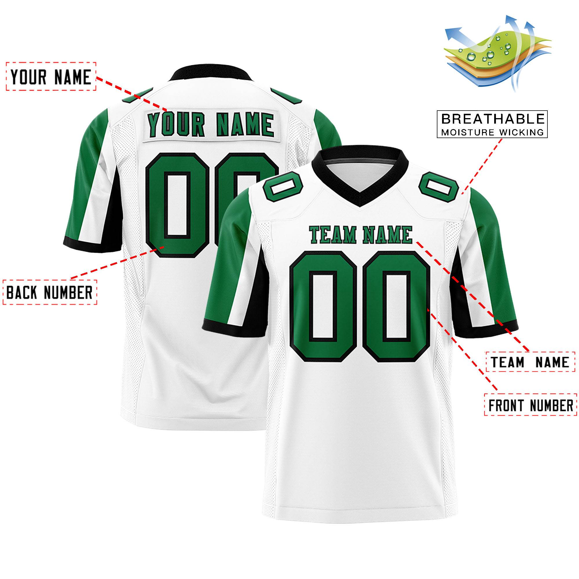 Custom White Kelly Green-Black Color Block Personalized Raglan Sleeves Authentic Football Jersey