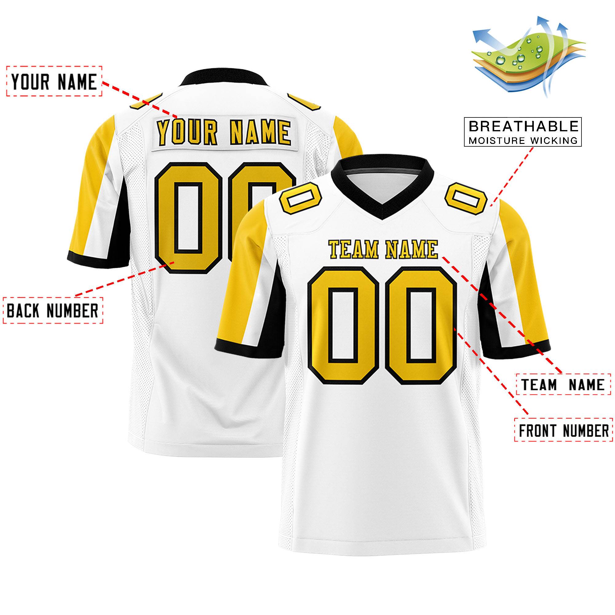 Custom White Gold-Black Color Block Personalized Raglan Sleeves Authentic Football Jersey