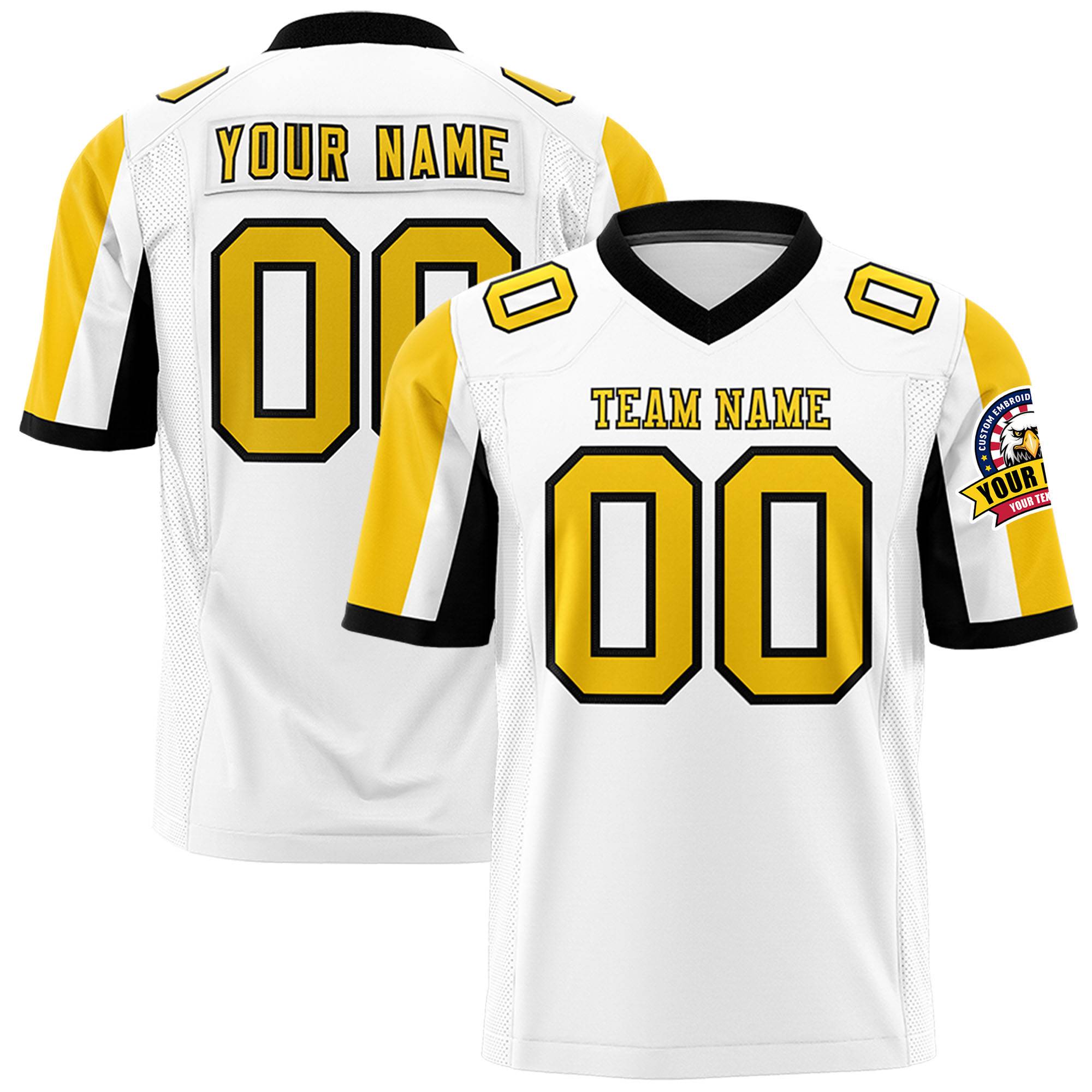 Custom White Gold-Black Color Block Personalized Raglan Sleeves Authentic Football Jersey