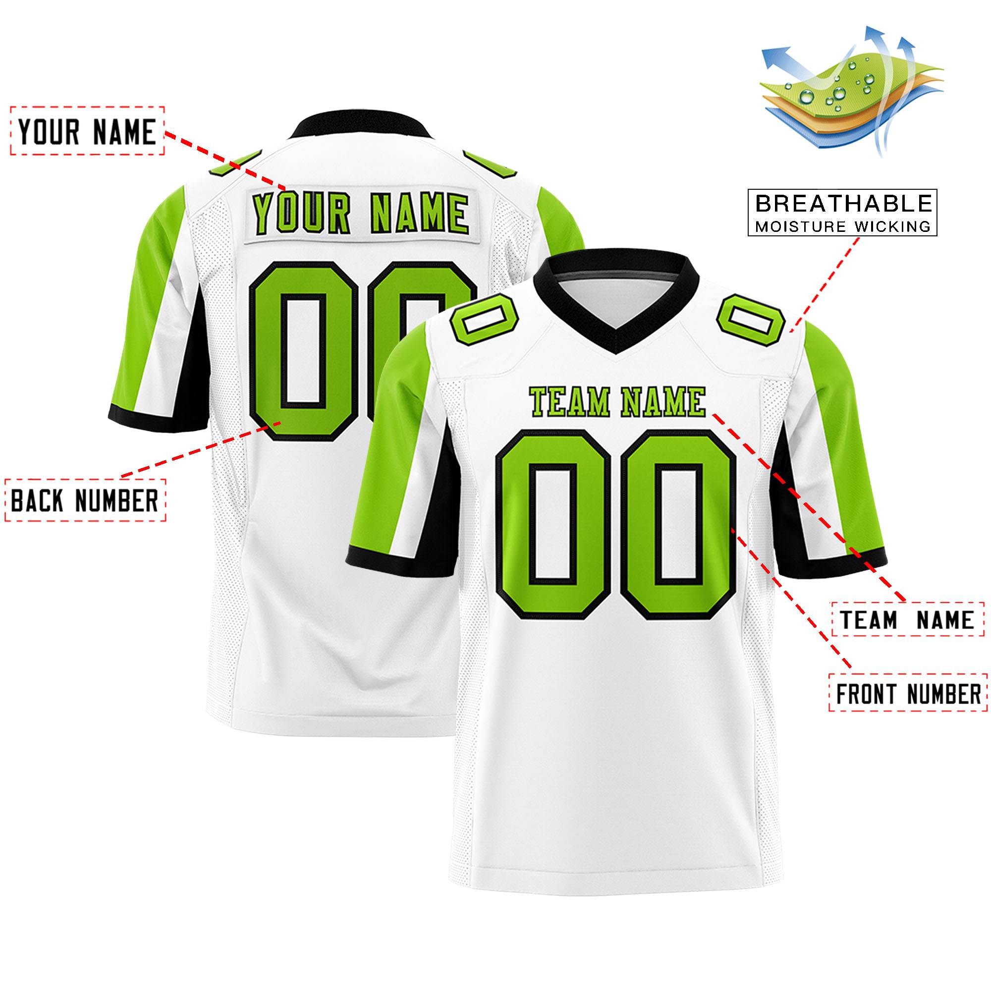 Custom White Neon Green-Black Color Block Personalized Raglan Sleeves Authentic Football Jersey