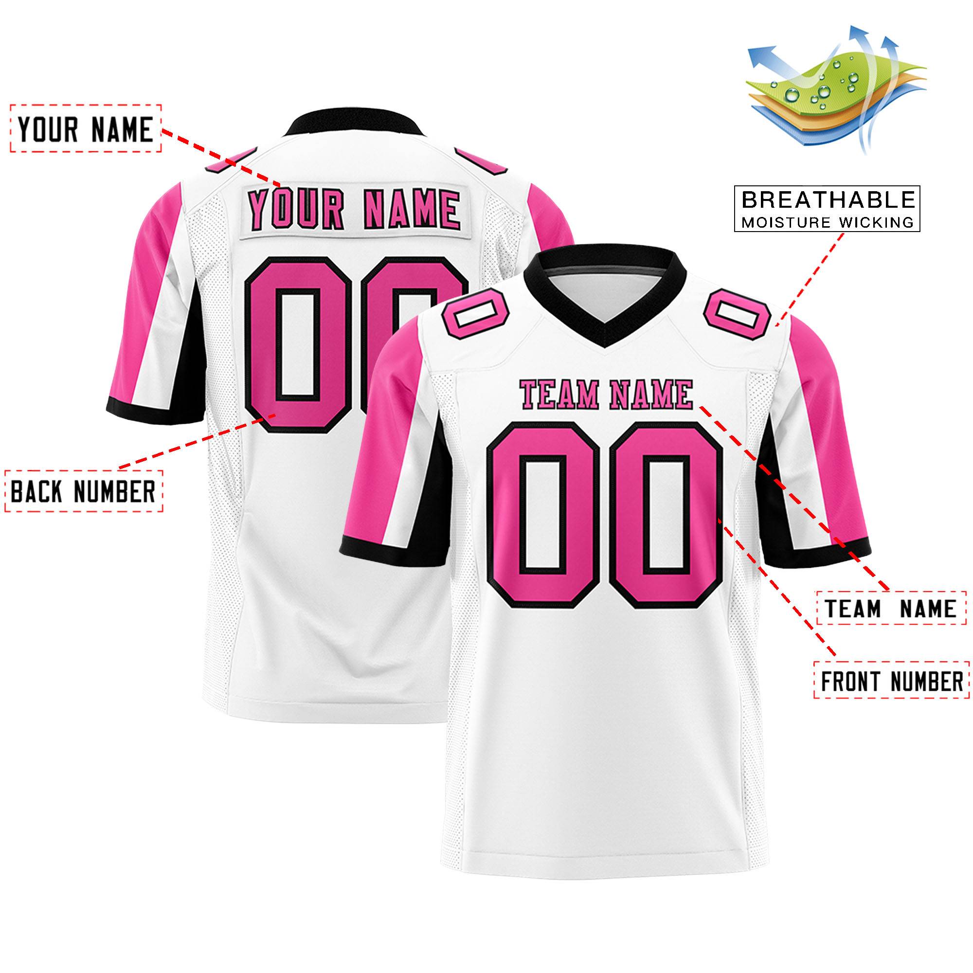 Custom White Pink-Black Color Block Personalized Raglan Sleeves Authentic Football Jersey