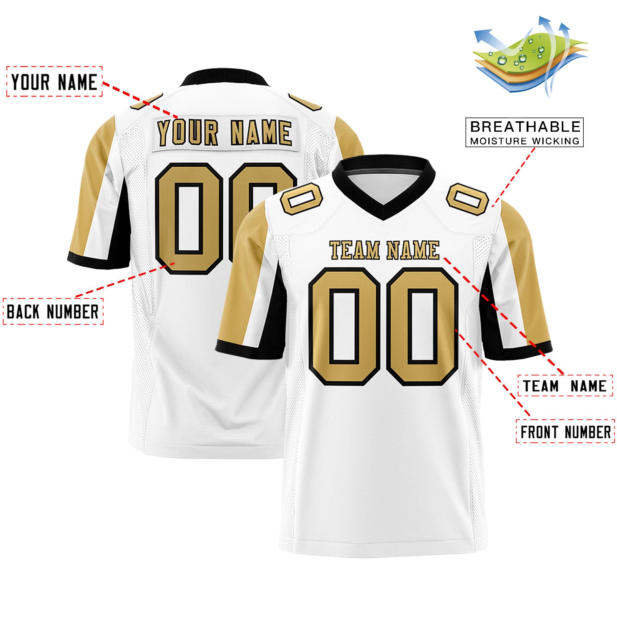 Custom White Old Gold-Black Color Block Personalized Raglan Sleeves Authentic Football Jersey