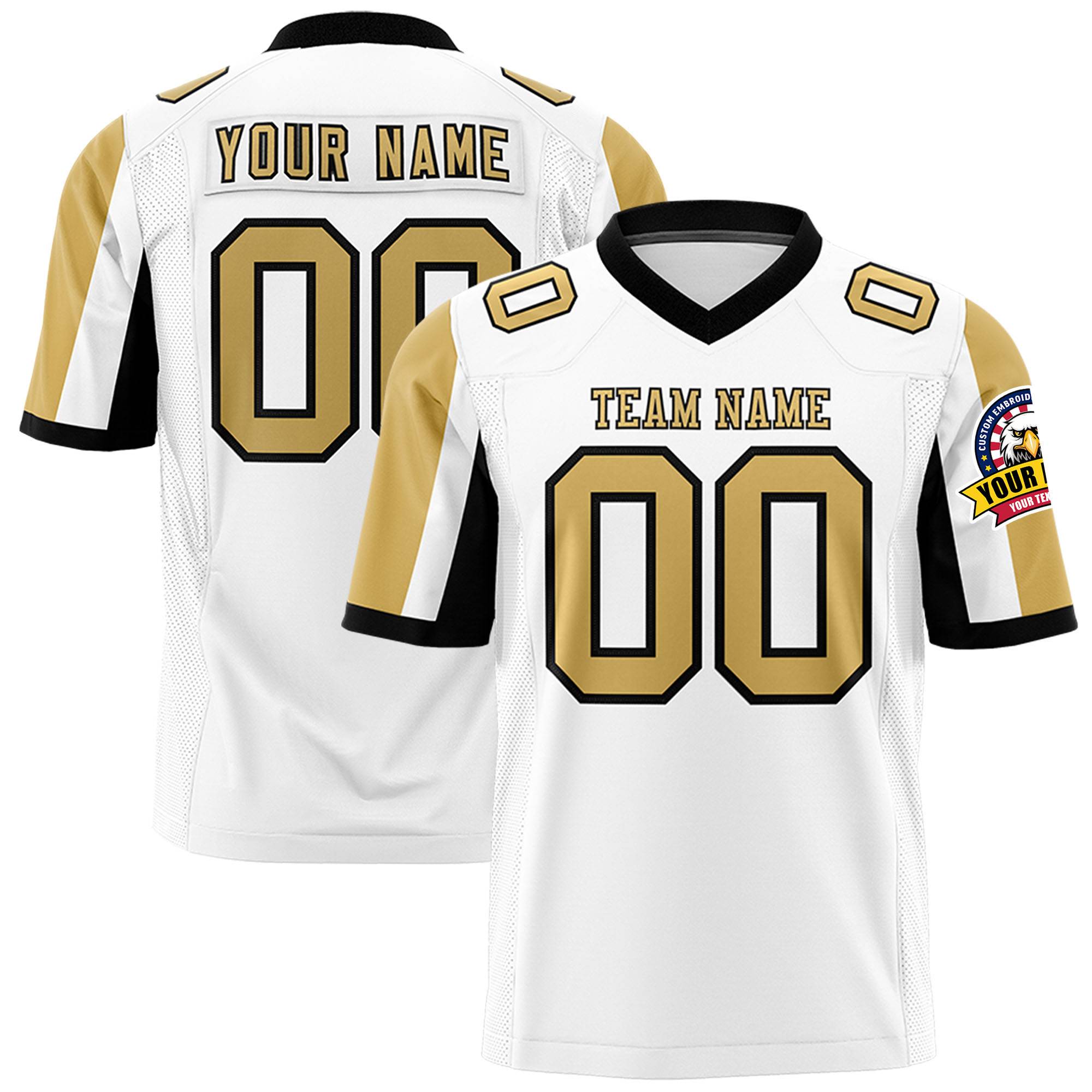 Custom White Old Gold-Black Color Block Personalized Raglan Sleeves Authentic Football Jersey