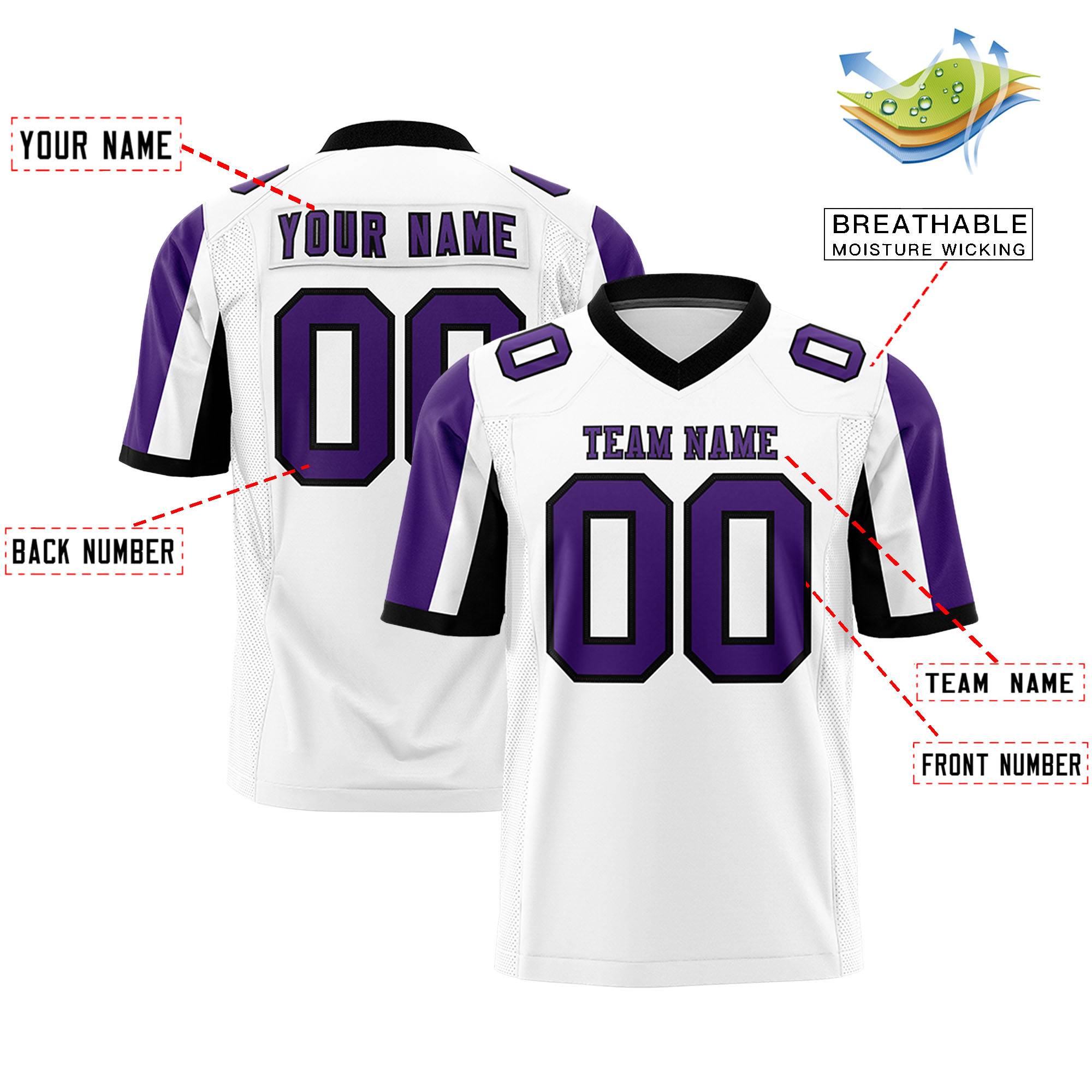 Custom White Purple-Black Color Block Personalized Raglan Sleeves Authentic Football Jersey