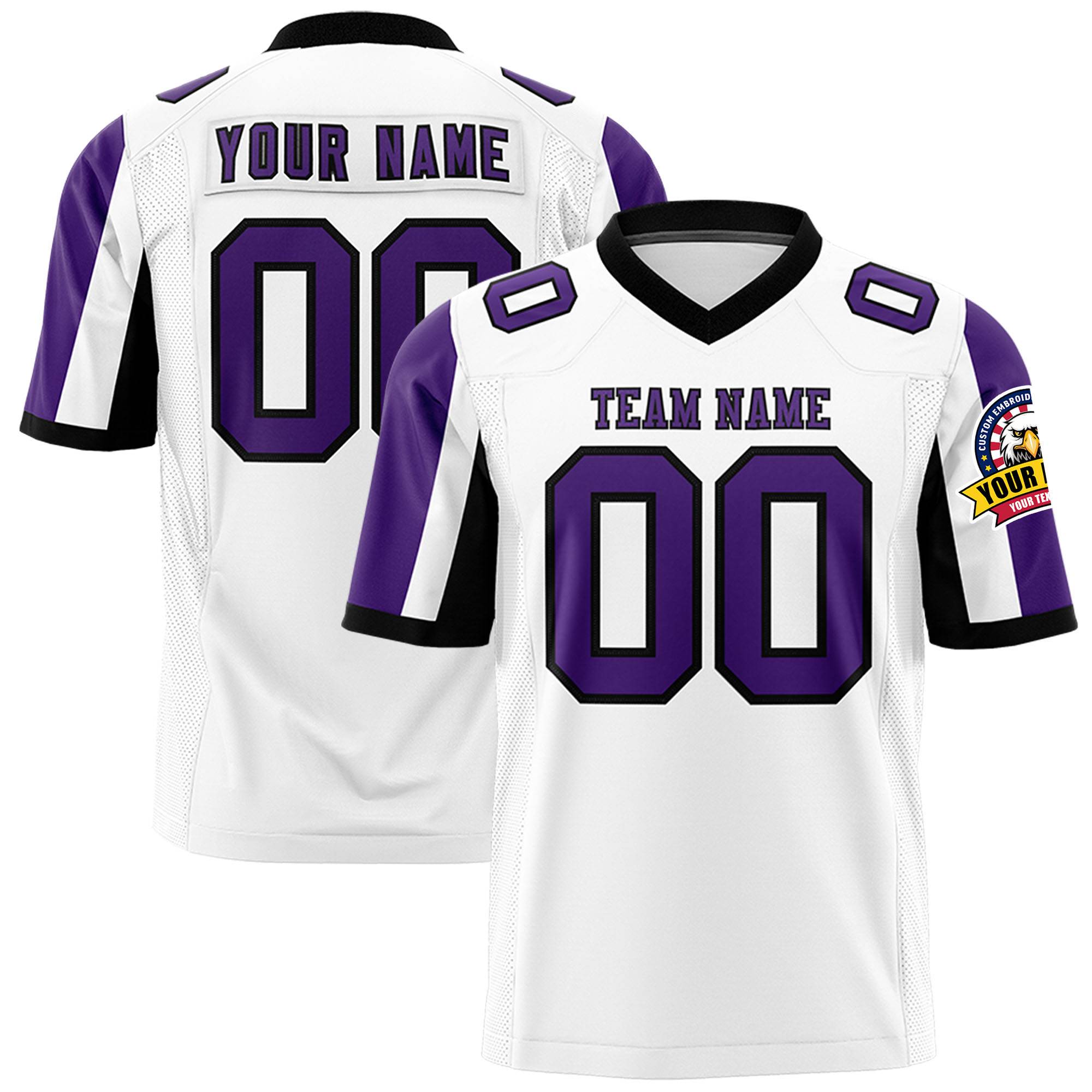 Custom White Purple-Black Color Block Personalized Raglan Sleeves Authentic Football Jersey